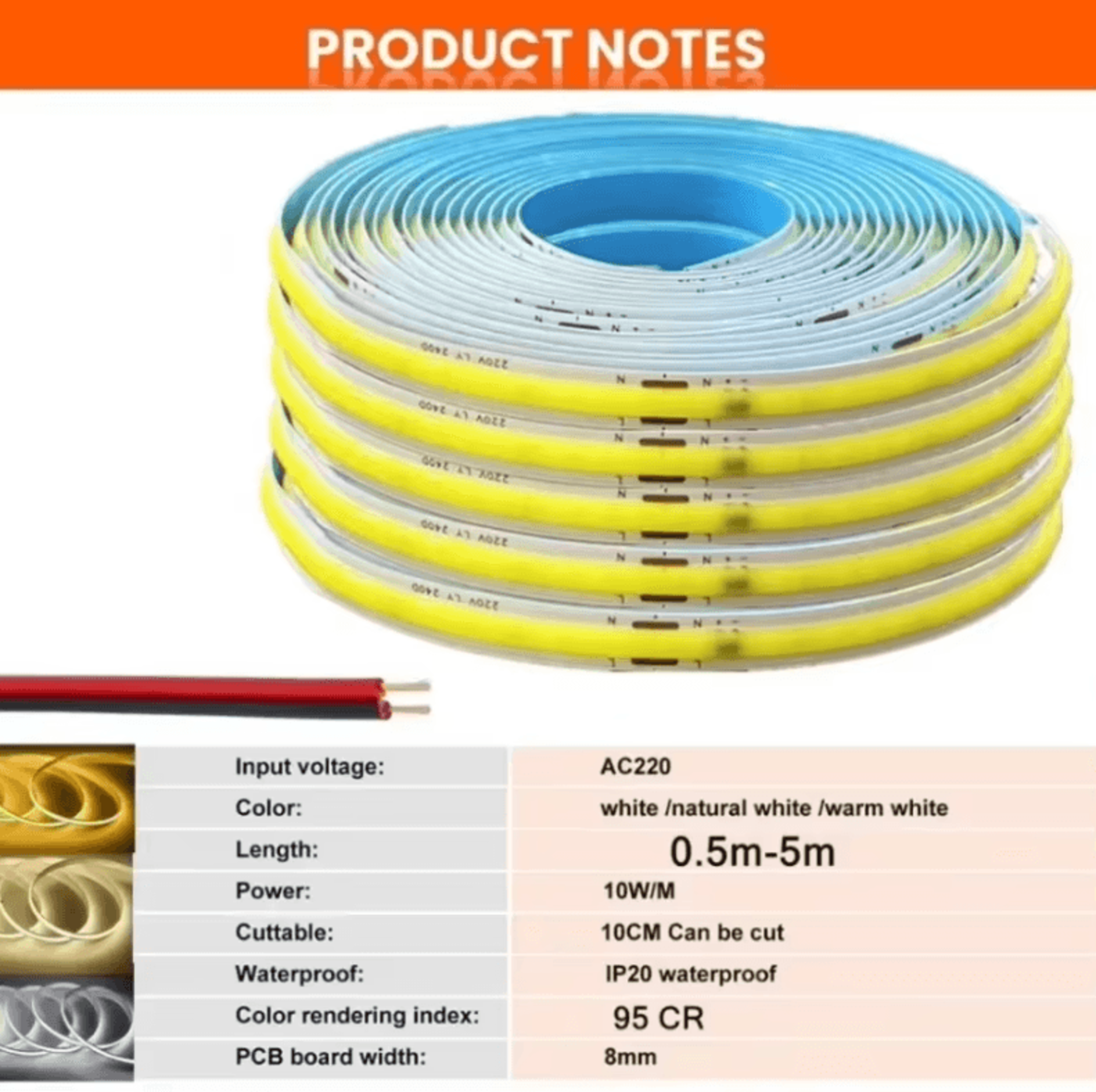 1M 5M 220V COB LED Strip Light High Bright Warm White 4