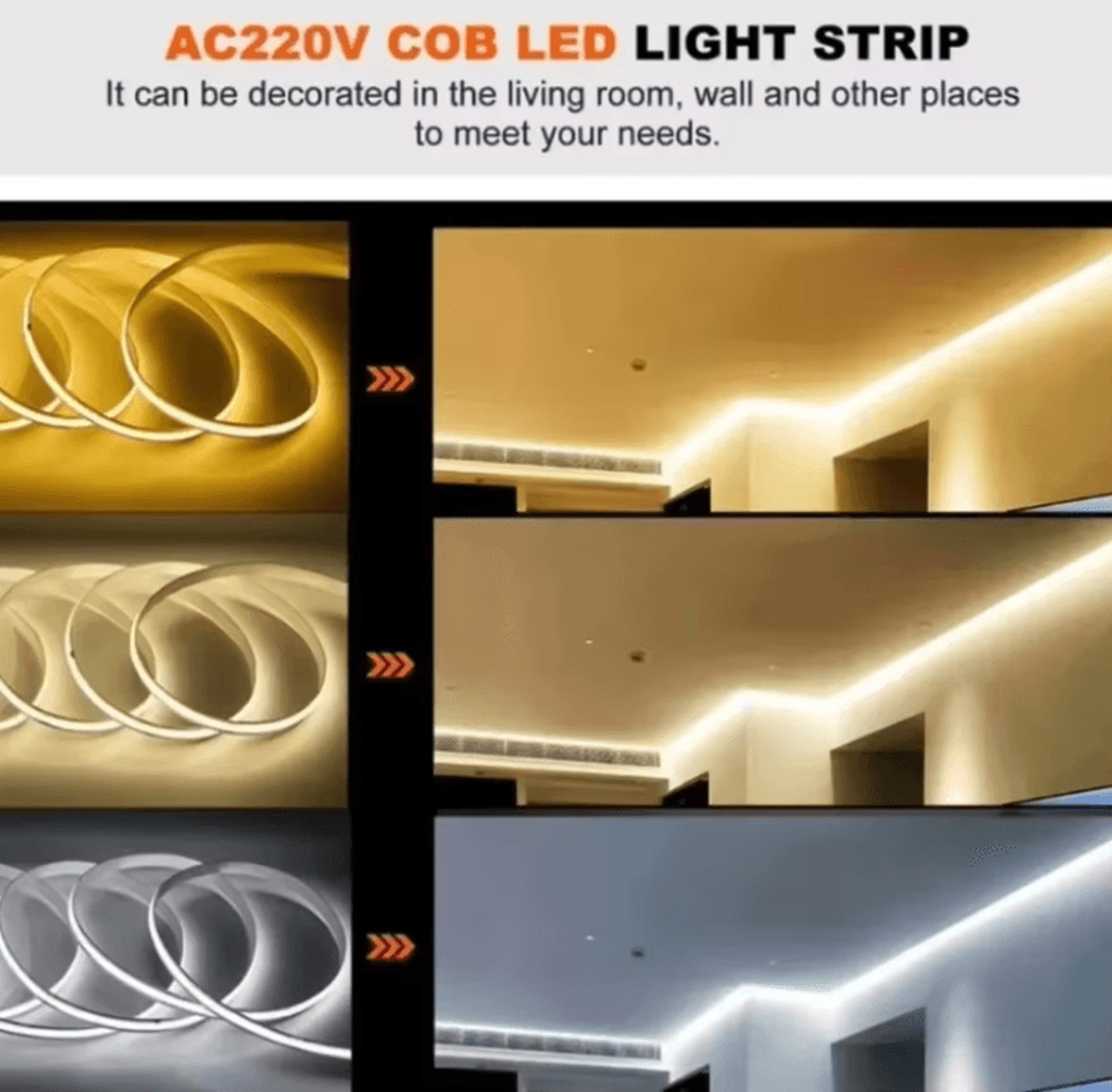 1M 5M 220V COB LED Strip Light High Bright Warm White 3