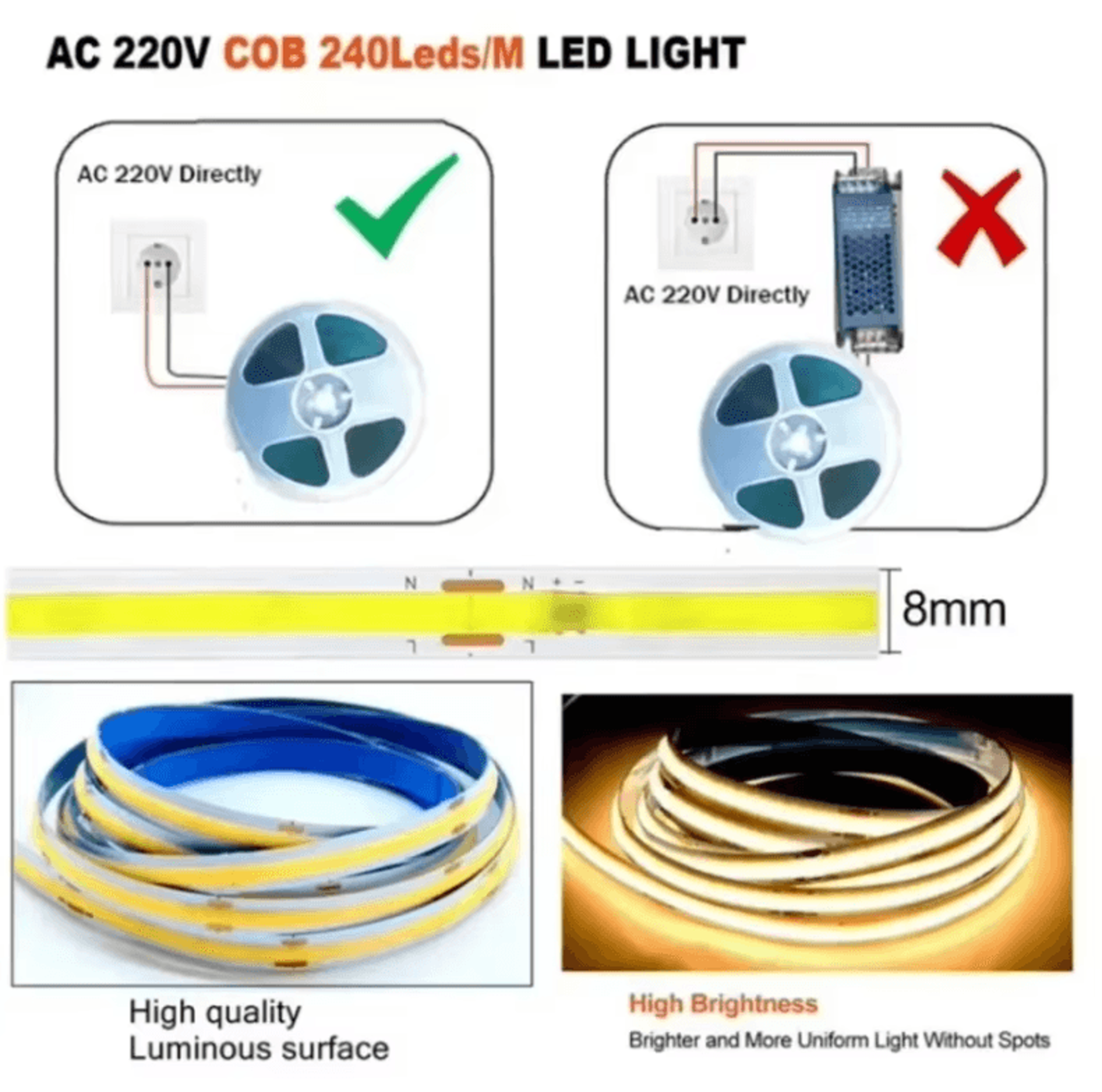 1M 5M 220V COB LED Strip Light High Bright Warm White 1