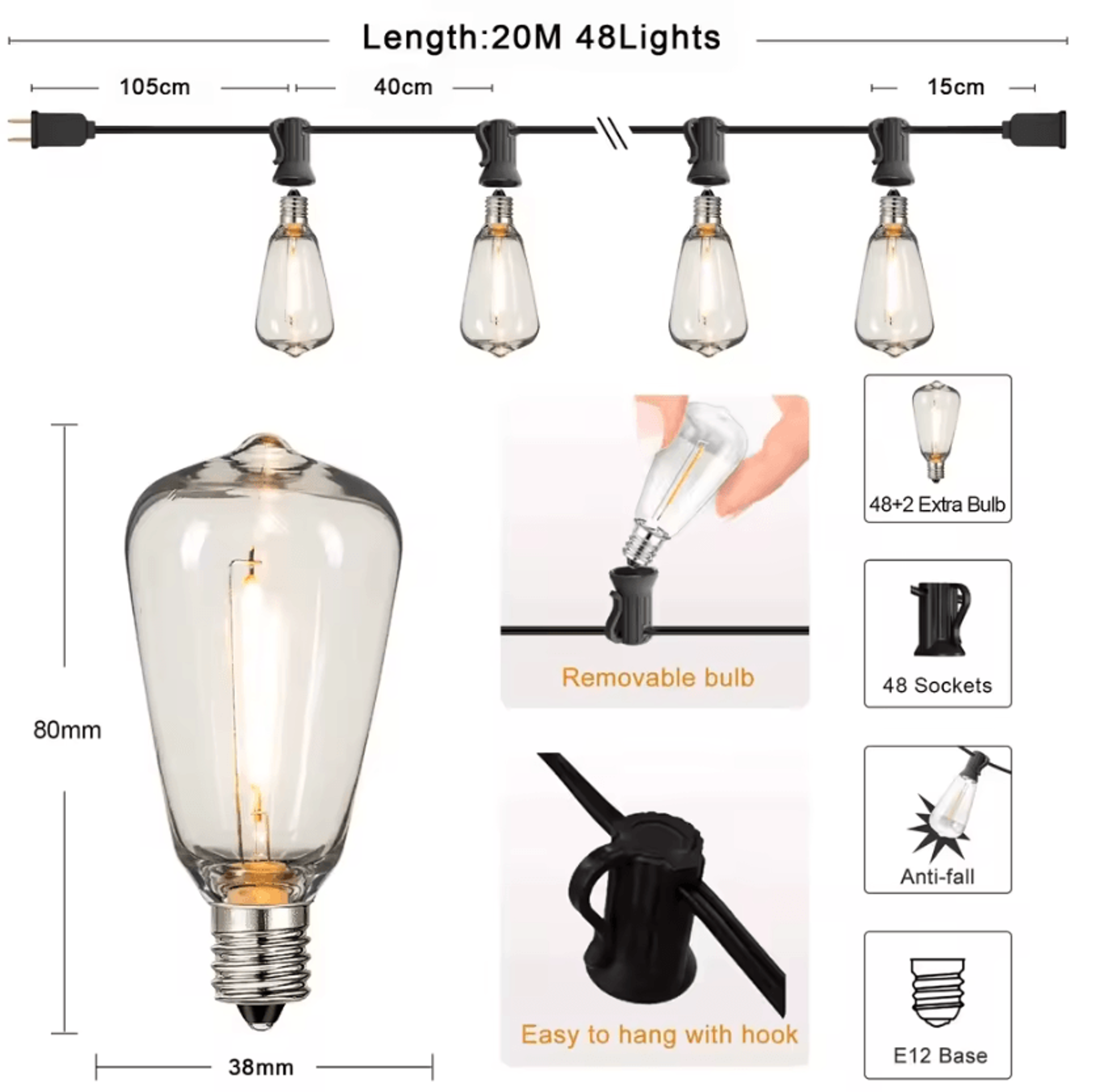 ST38 Outdoor LED String Lights With Shatterproof Dimmable Bulbs 6