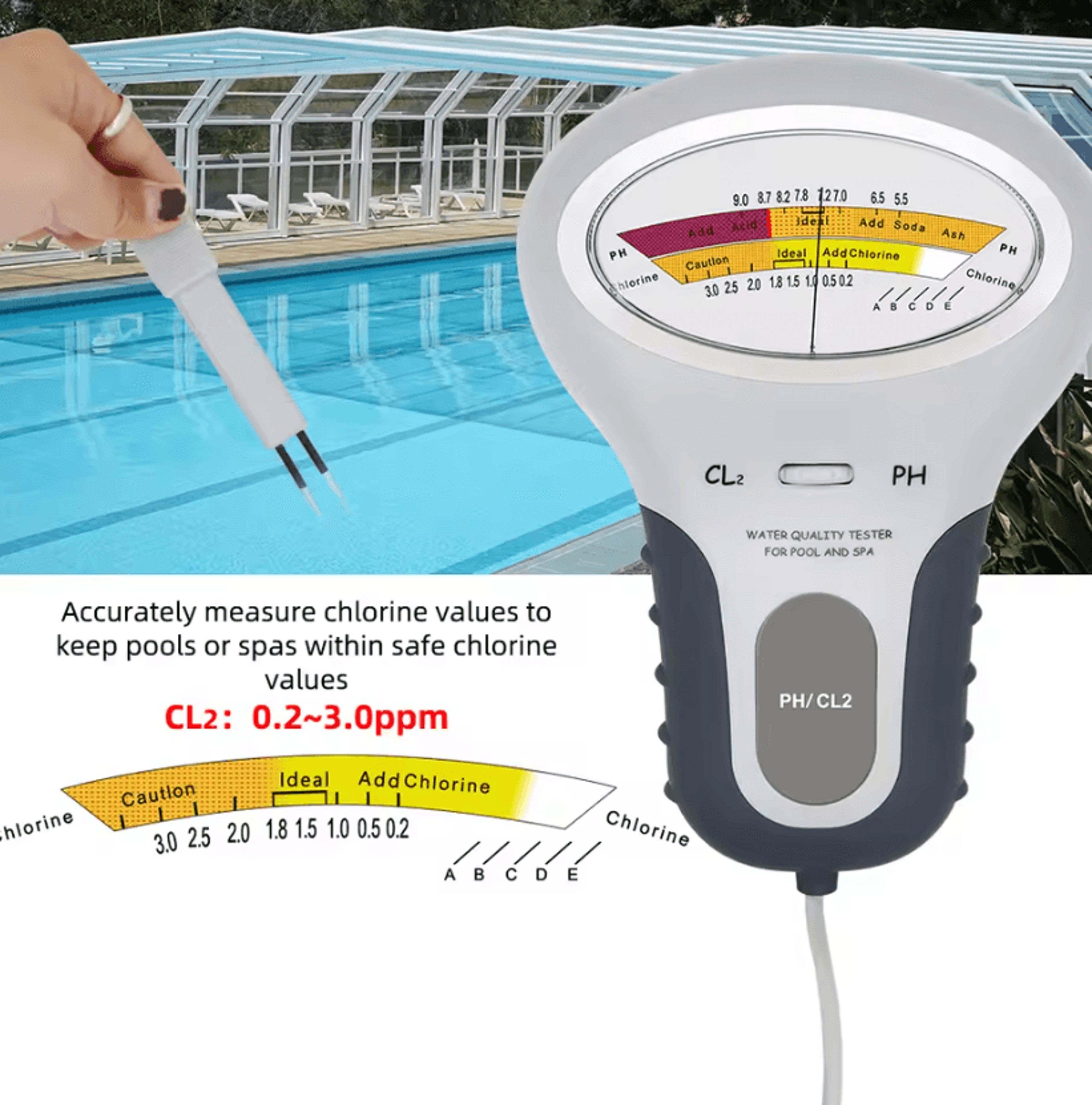 2 in 1 ph and chlorine water quality tester for pools and aquariums