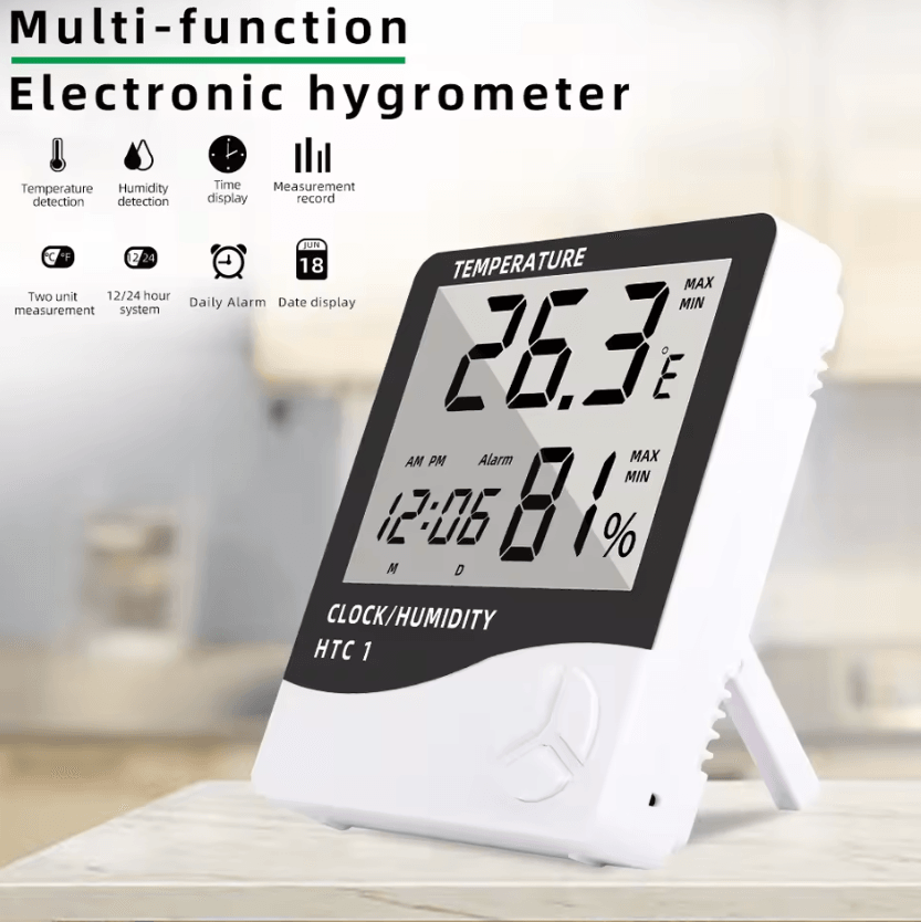 HTC1 HTC2 Digital Thermometer Hygrometer With Clock 0