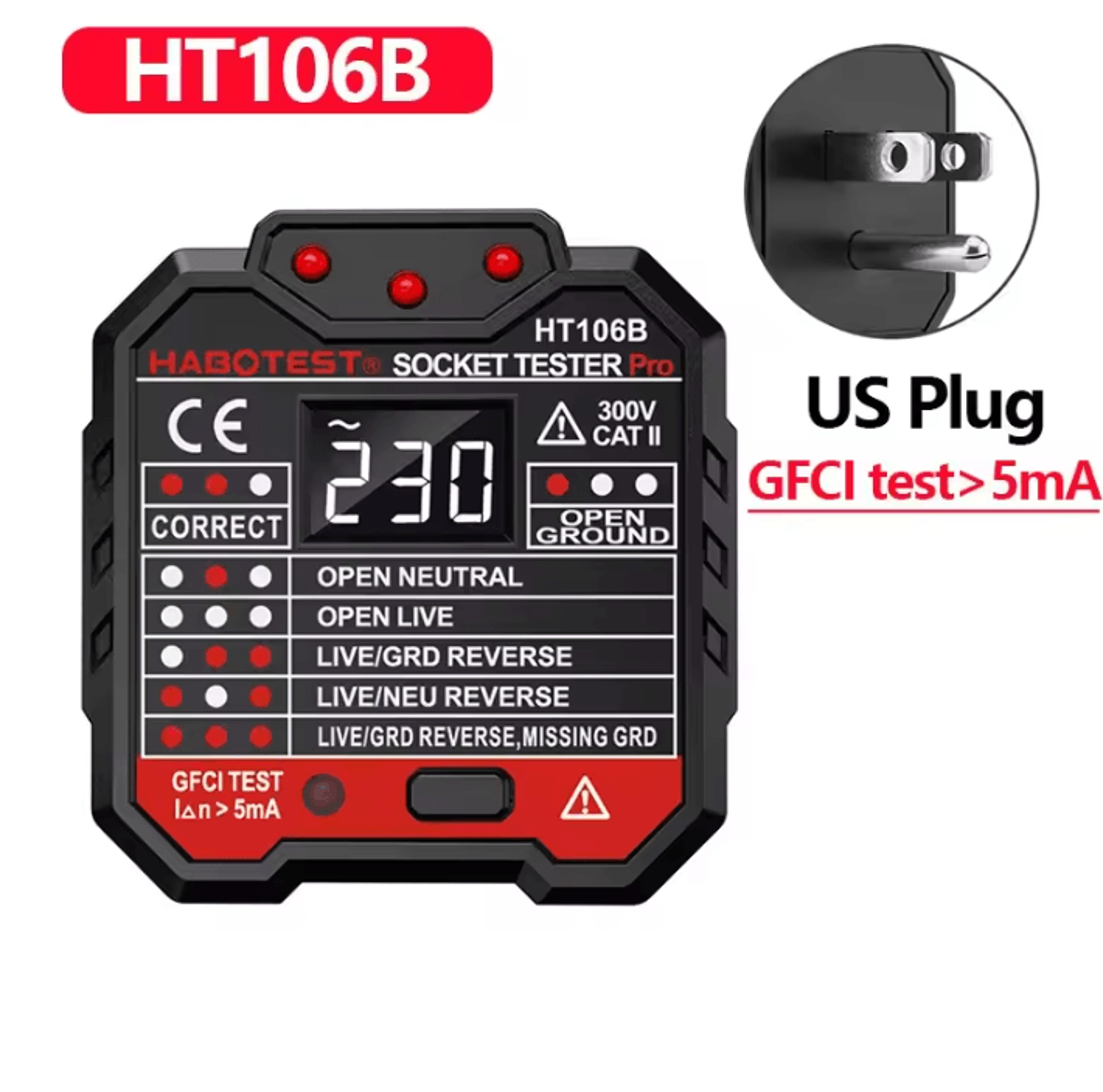 HT106 HT107 Digital Socket Tester With Voltage Display And RCD GFCI Test 5