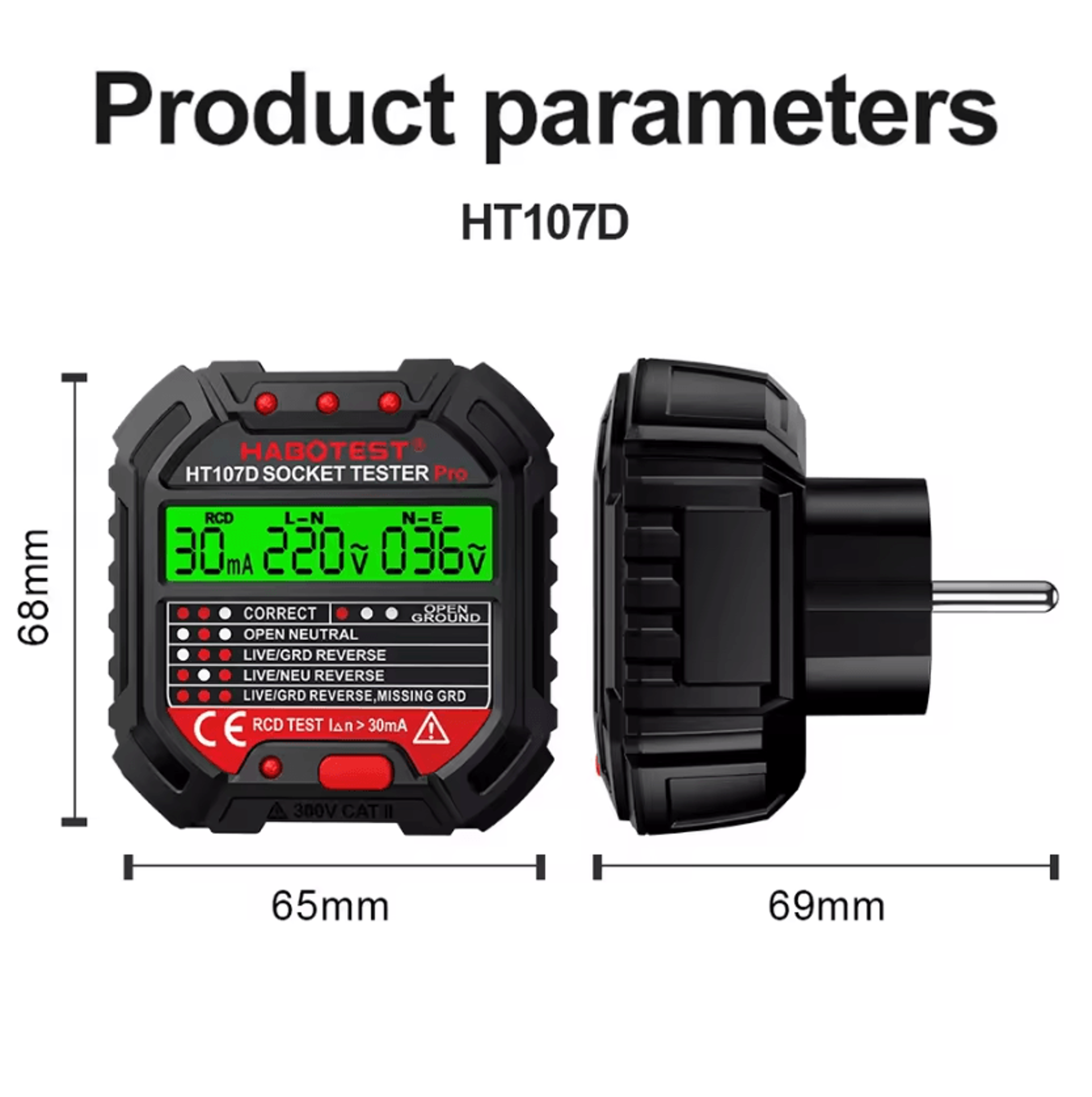 HT106 HT107 Digital Socket Tester With Voltage Display And RCD GFCI Test 3