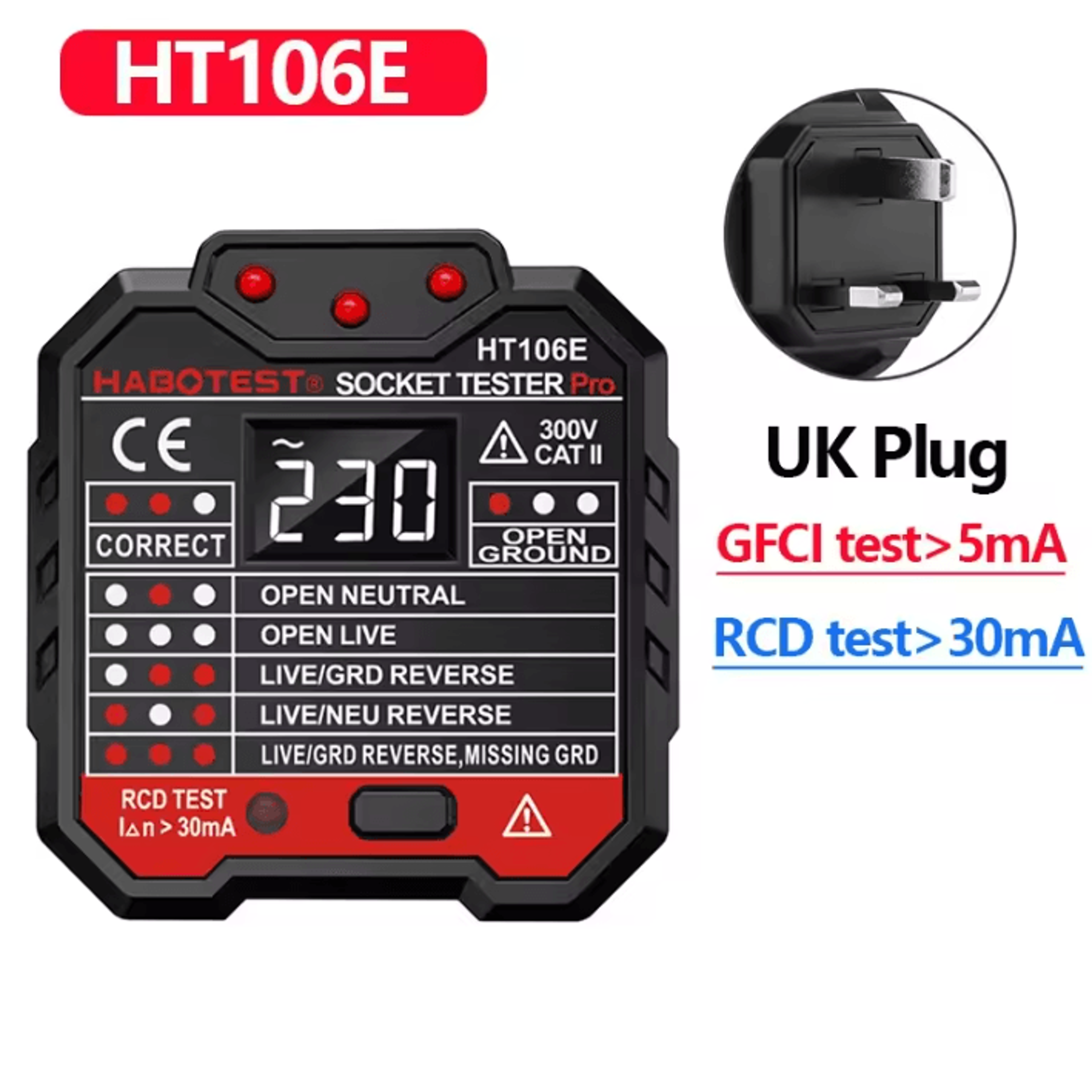HT106 HT107 Digital Socket Tester With Voltage Display And RCD GFCI Test 7