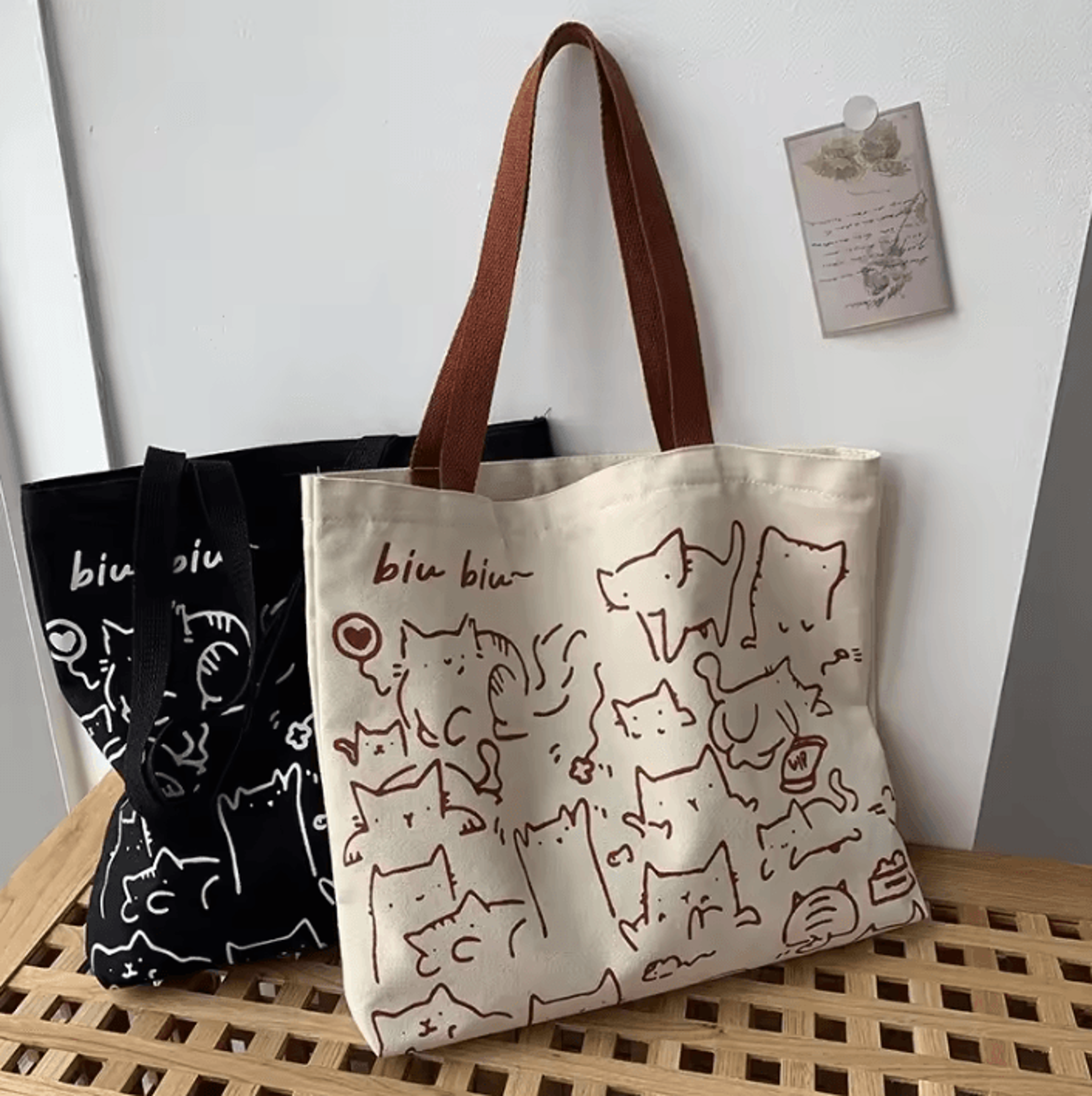 cute cartoon cat canvas tote bag with zipper
