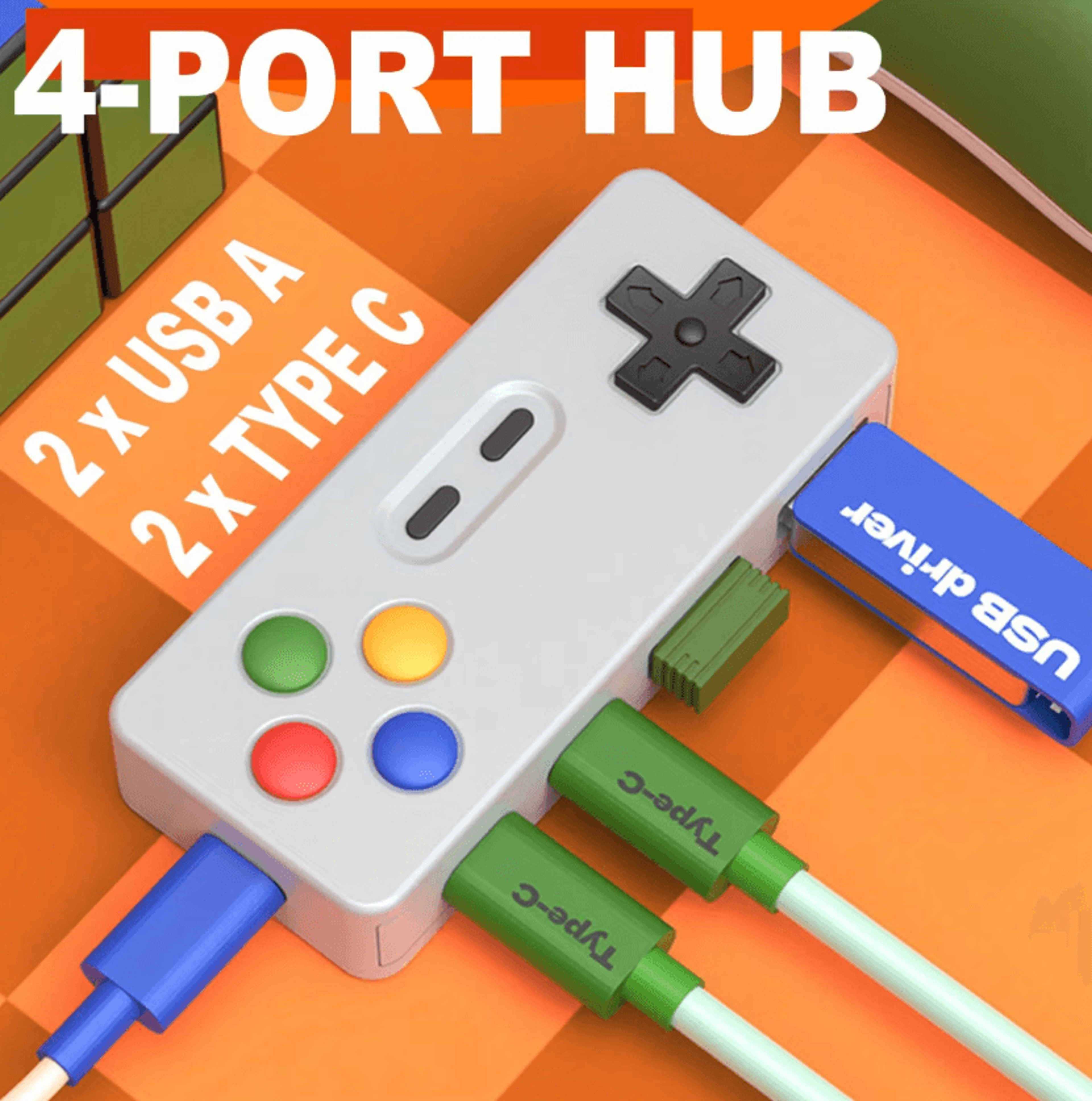 cartoon 4 port usb c hub with dual usb and type c ports