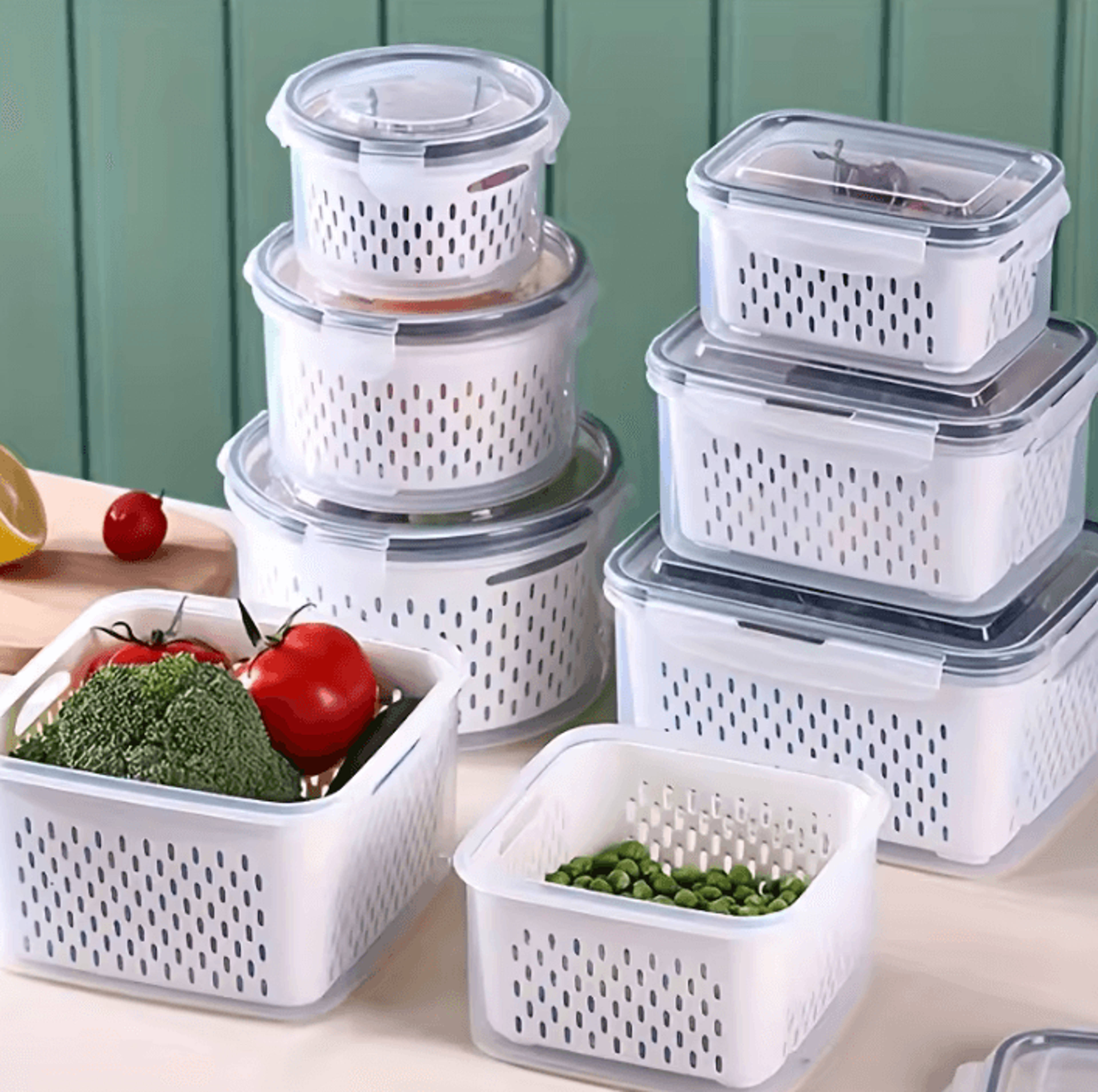 Sealed Refrigerator Storage Container With Removable Strainer Basket 1