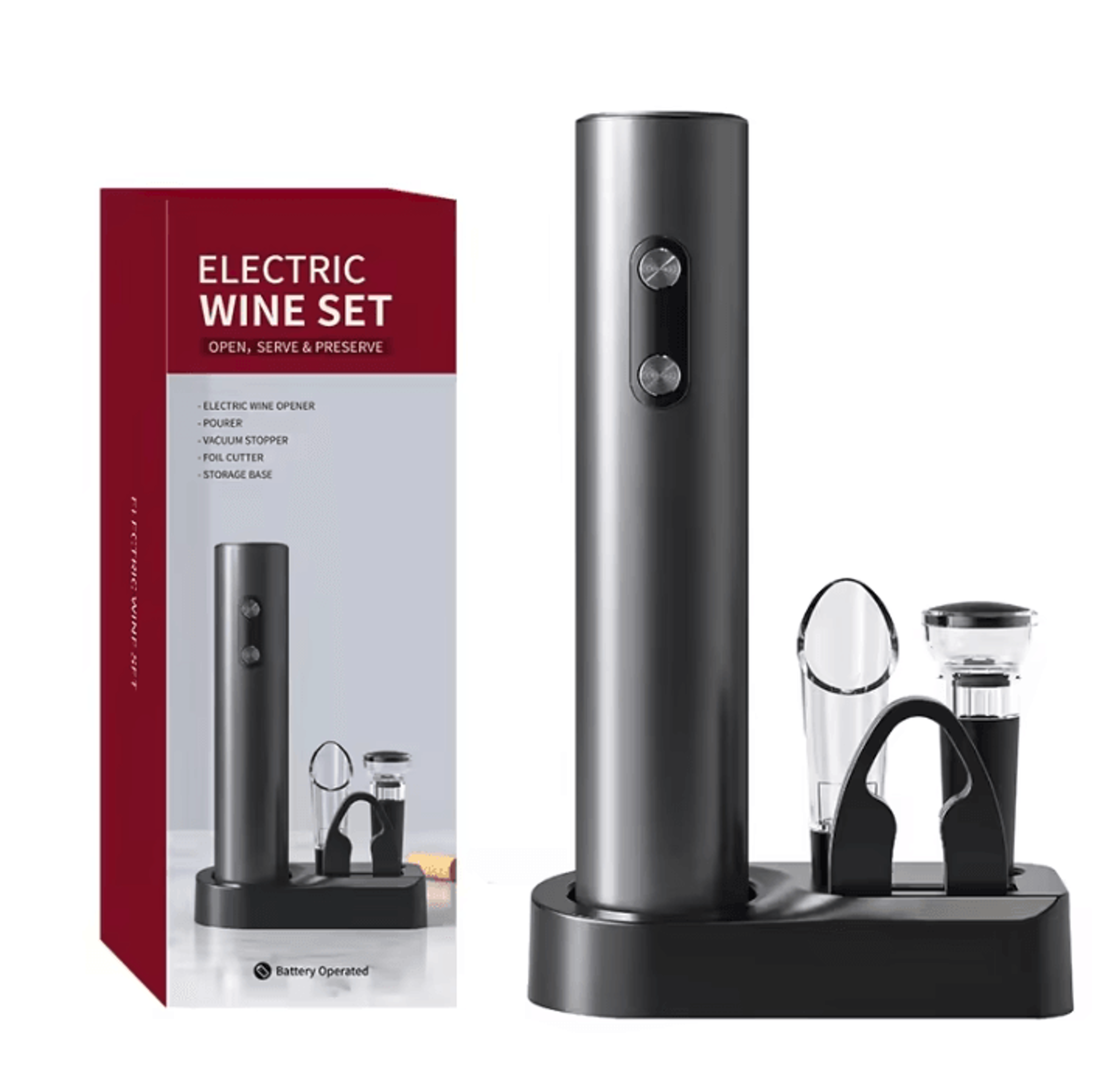 electric wine opener gift set with pourer and stopper