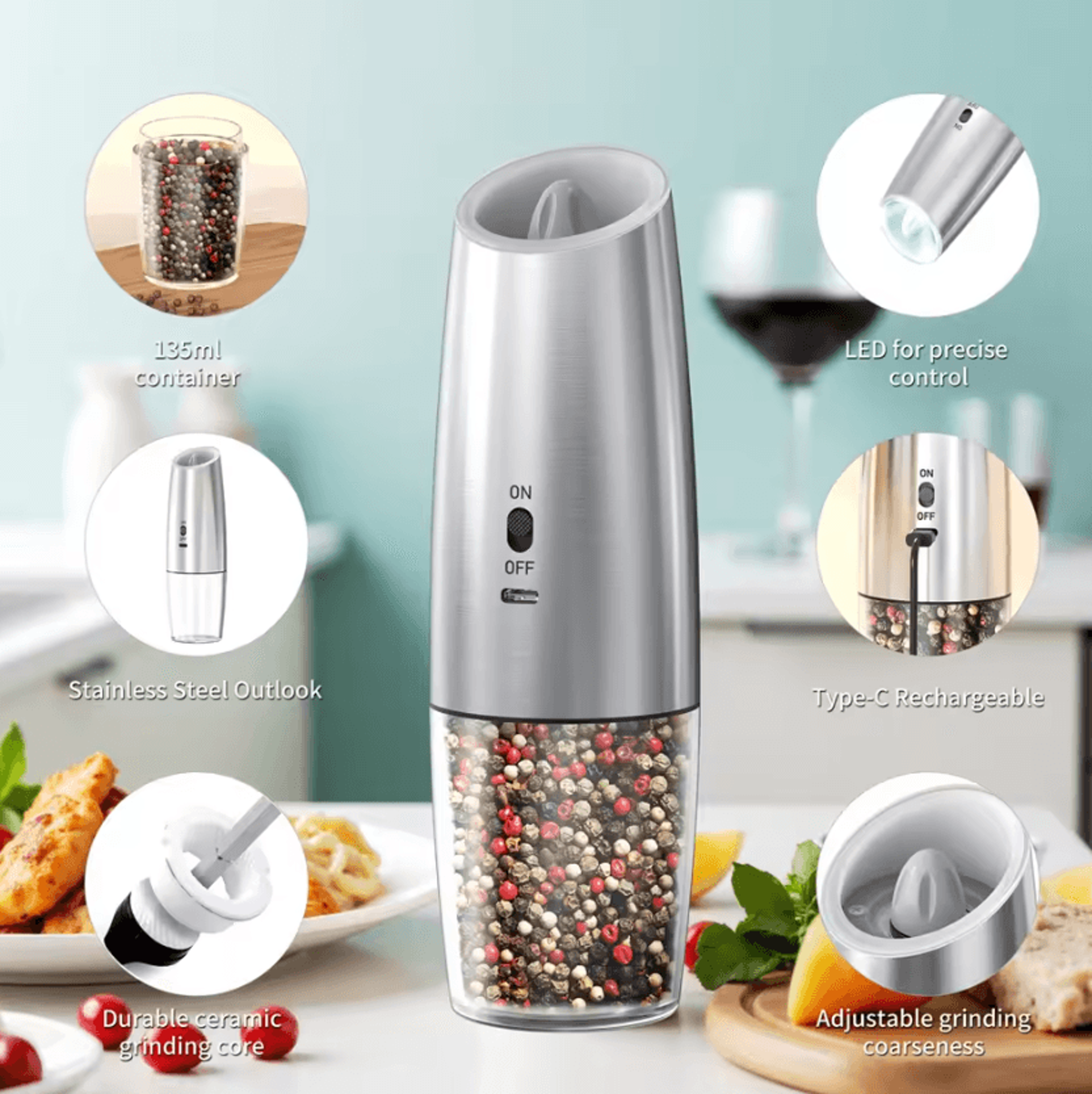 Gravity Activated Electric Salt And Pepper Grinder With Adjustable Coarseness 2