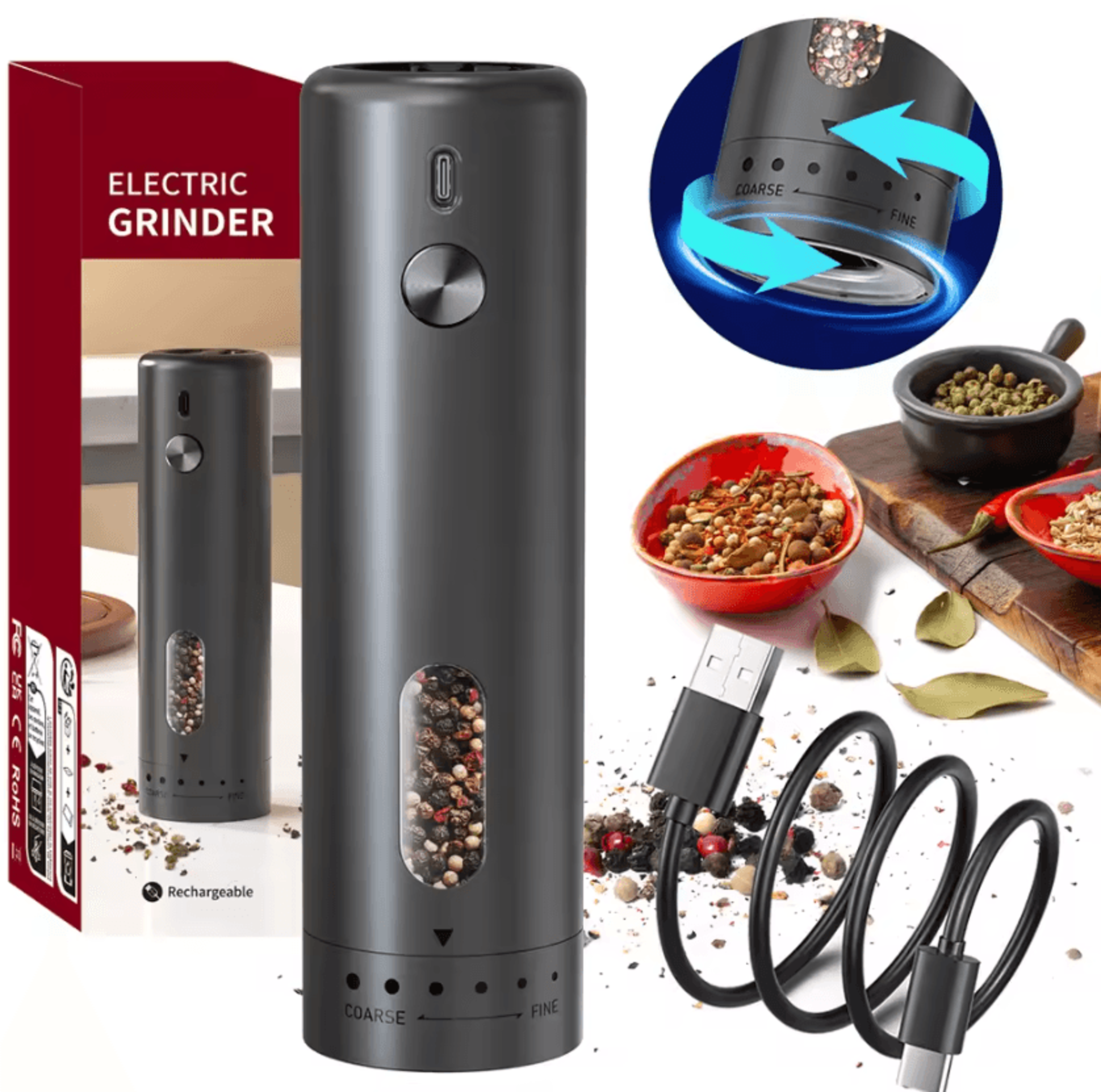 One Touch Rechargeable Salt And Pepper Grinder With LED Light 4