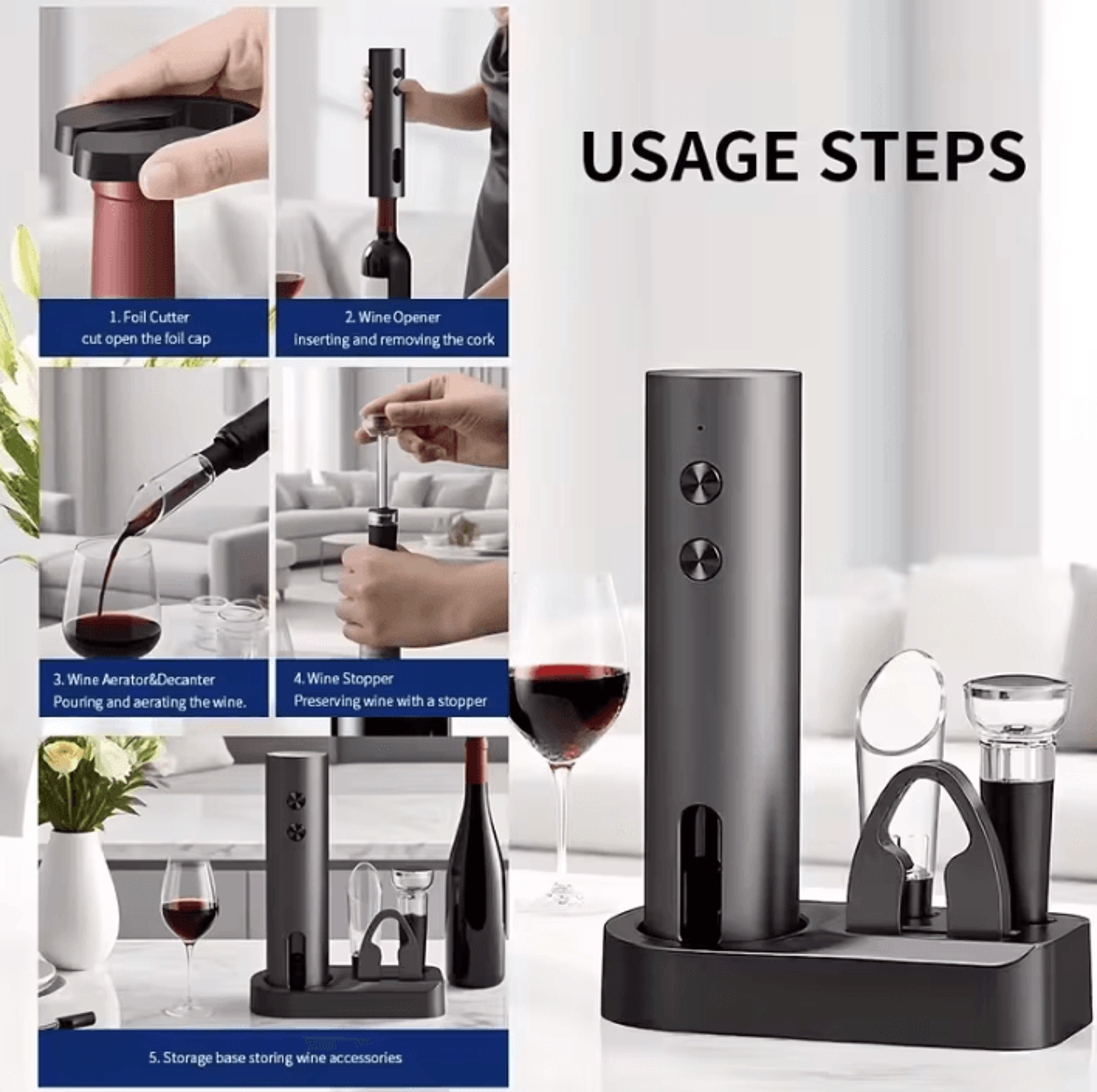 VinoEase Automatic Electric Wine Opener And Serving Gift Set 3