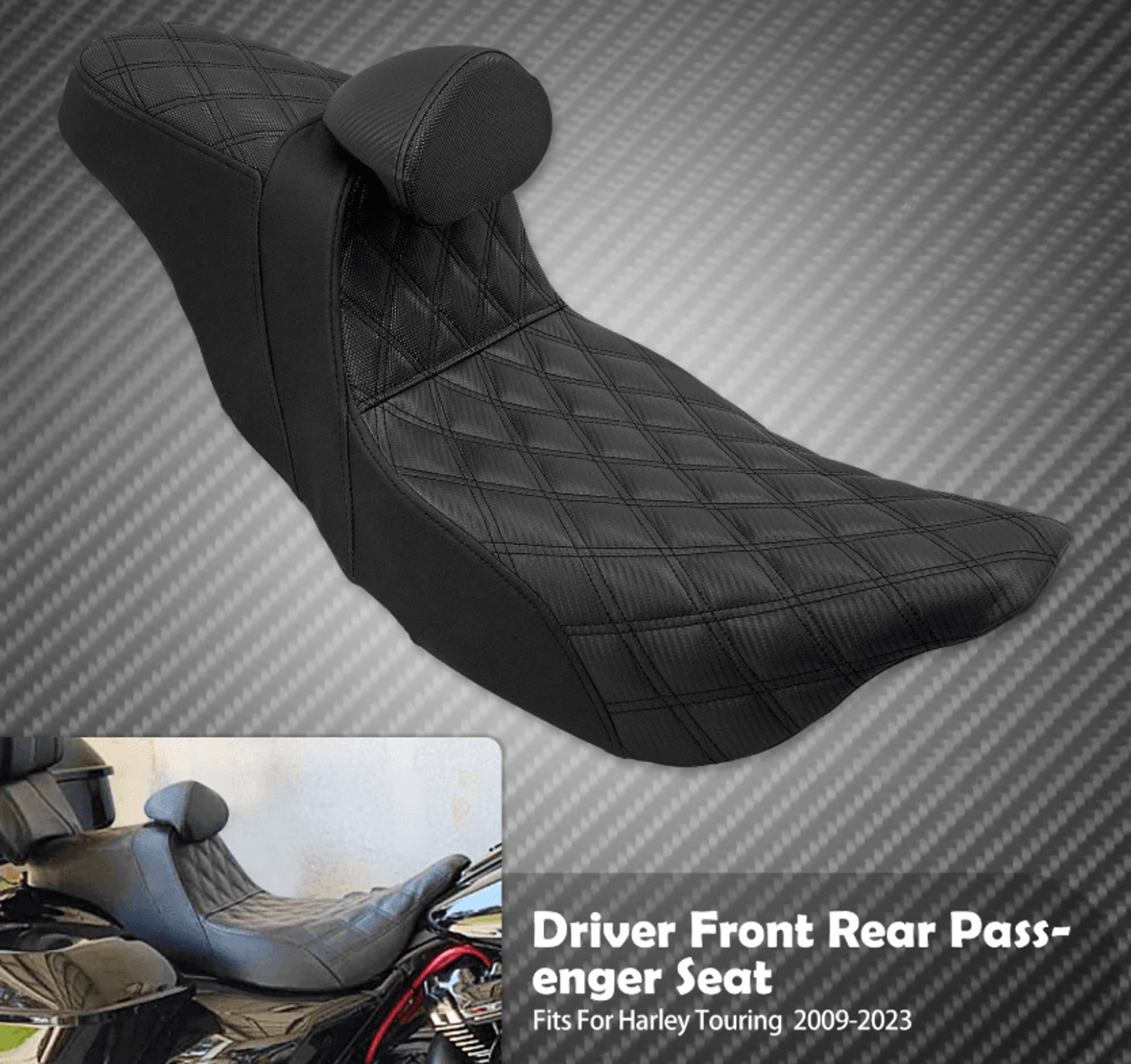 lattice stitch 2-up touring seat with driver backrest for harley 2009-2025