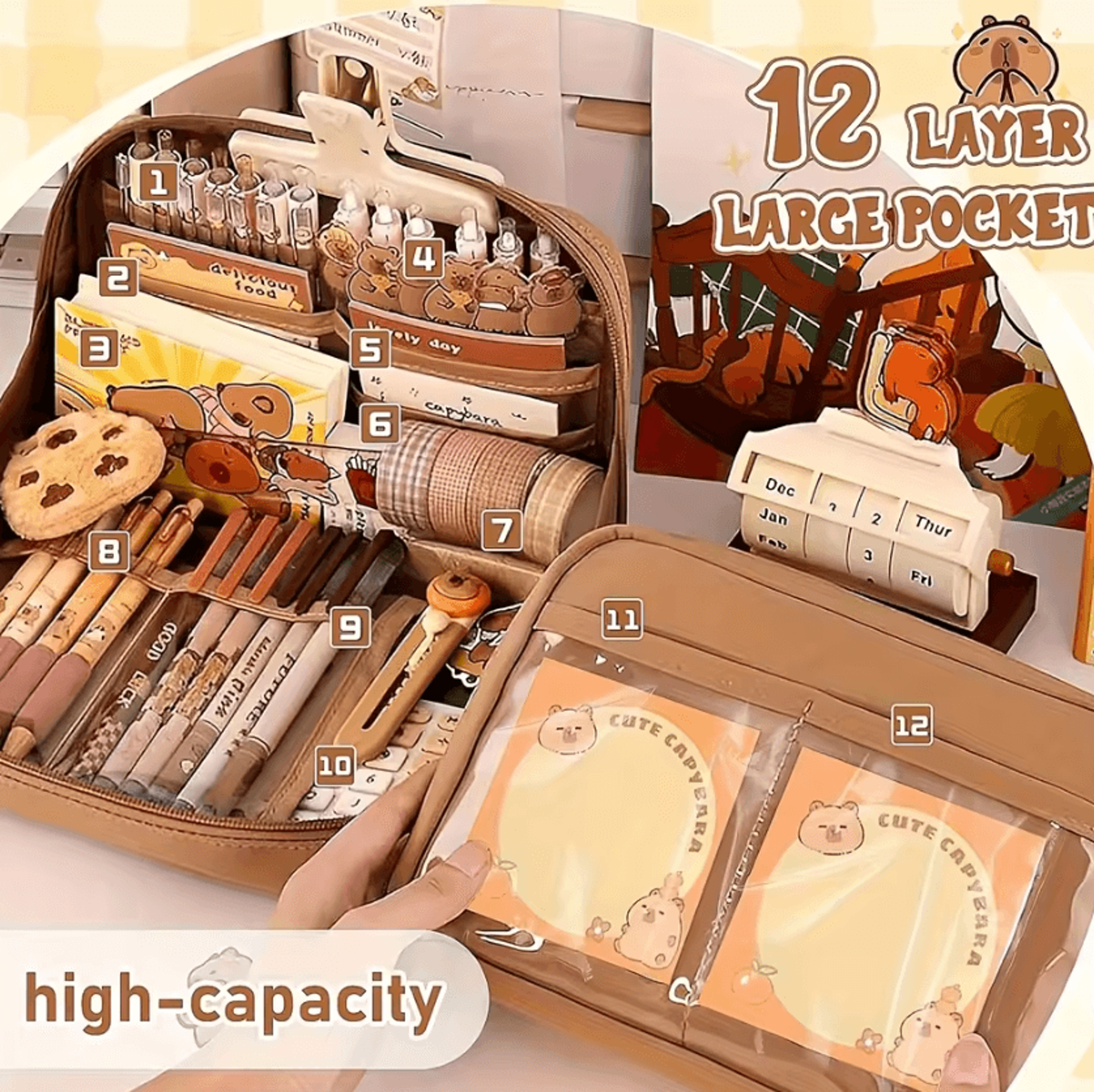 CapyJoy 31PCS Kawaii Capybara Stationery Set With MultiLayer Pencil Case 3