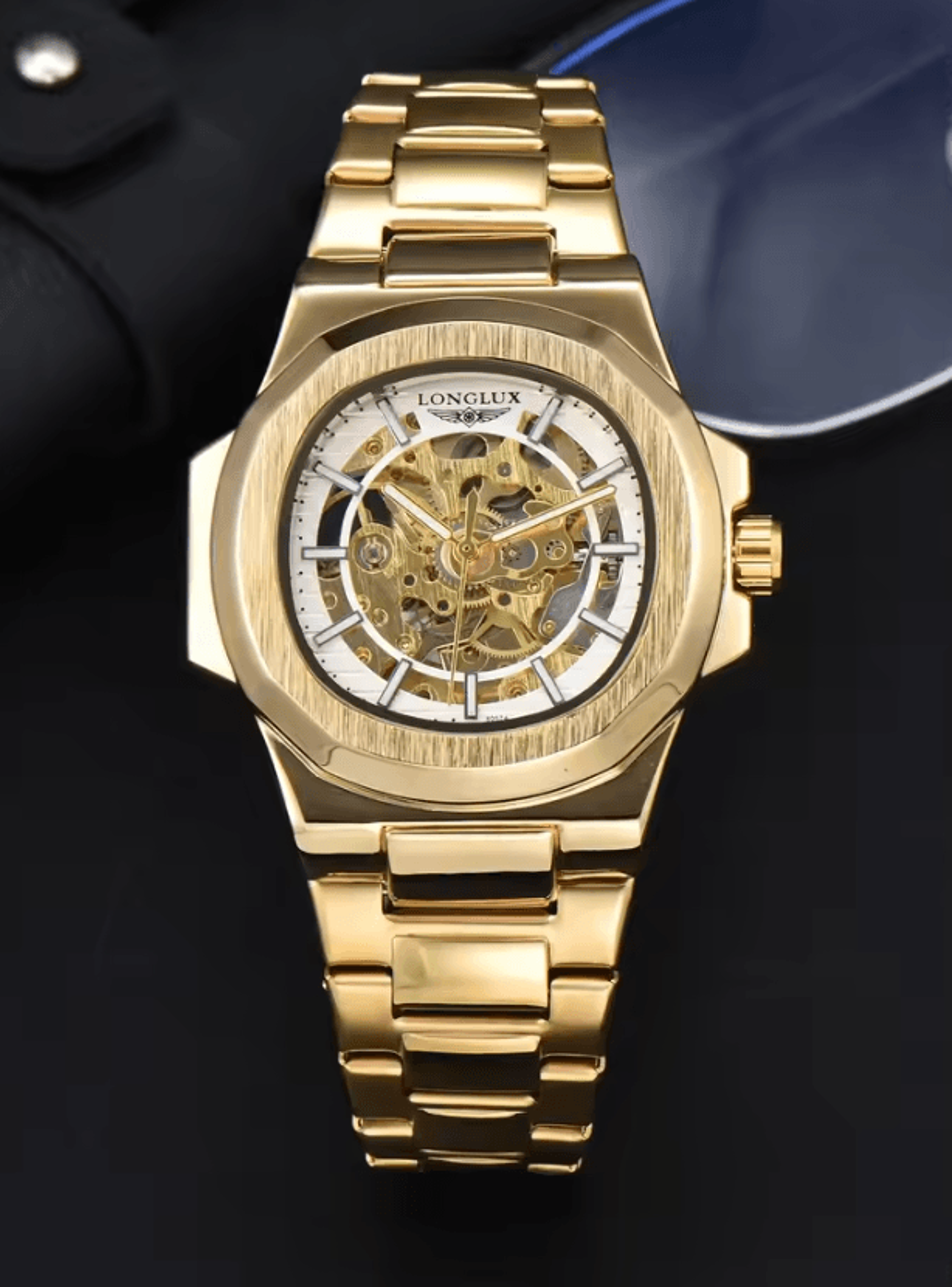 longlux prestige skeleton automatic mechanical watch with stainless steel design