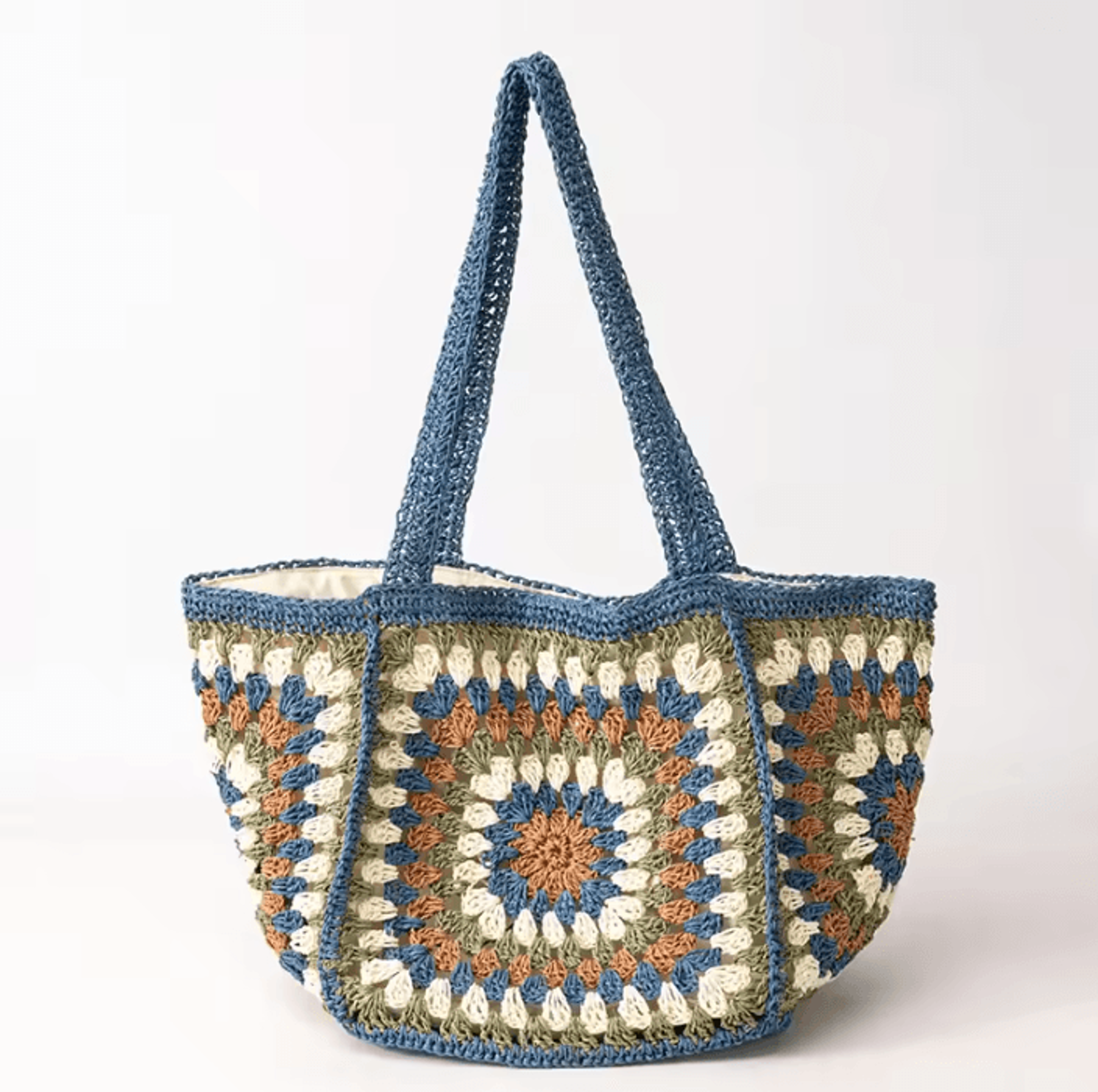 bohobloom granny square crochet straw tote bag for summer and beach style