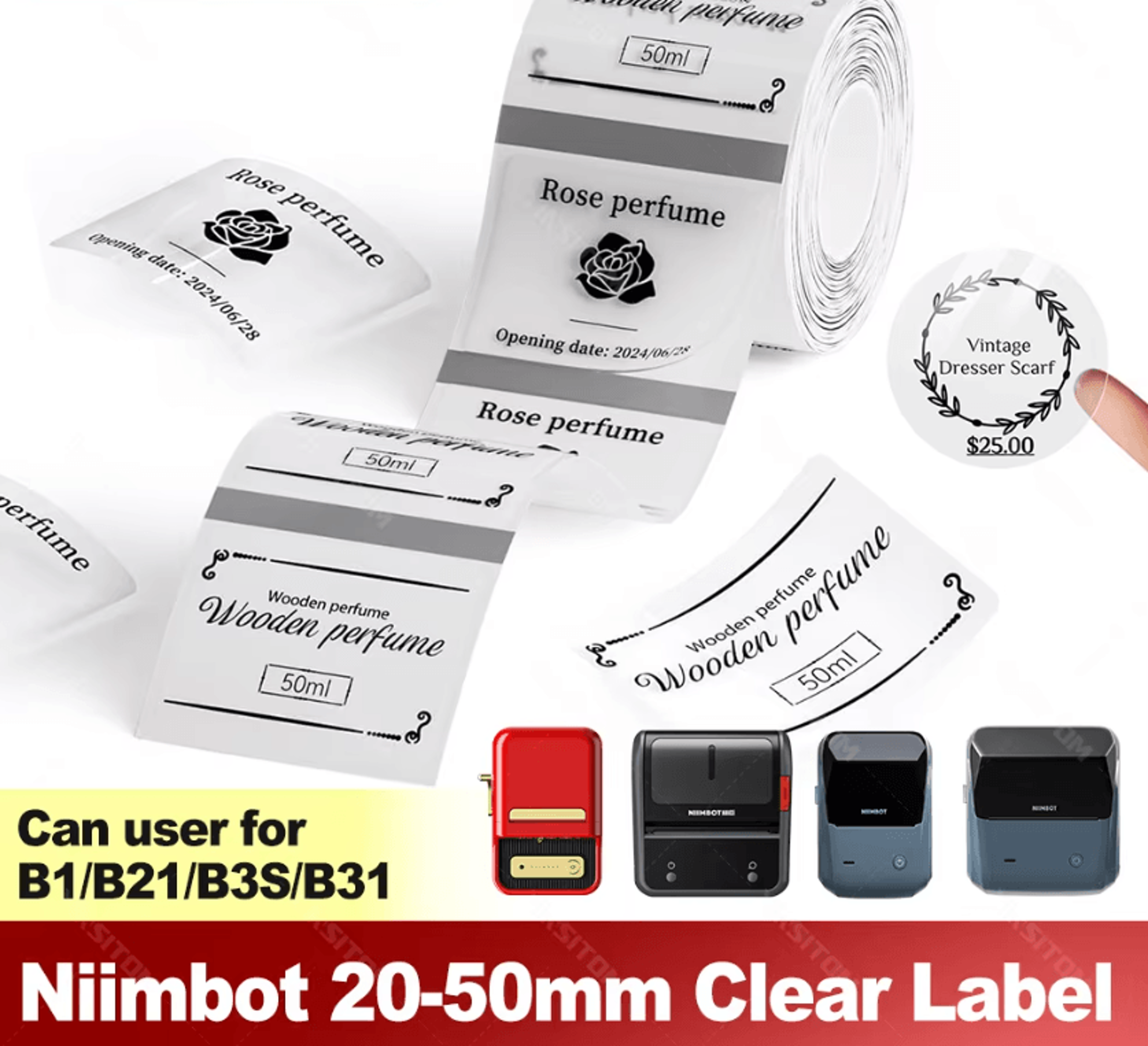 niimbot transparent thermal label stickers 30-50mm self-adhesive printer paper for b1 b21s b21pro b3s b203