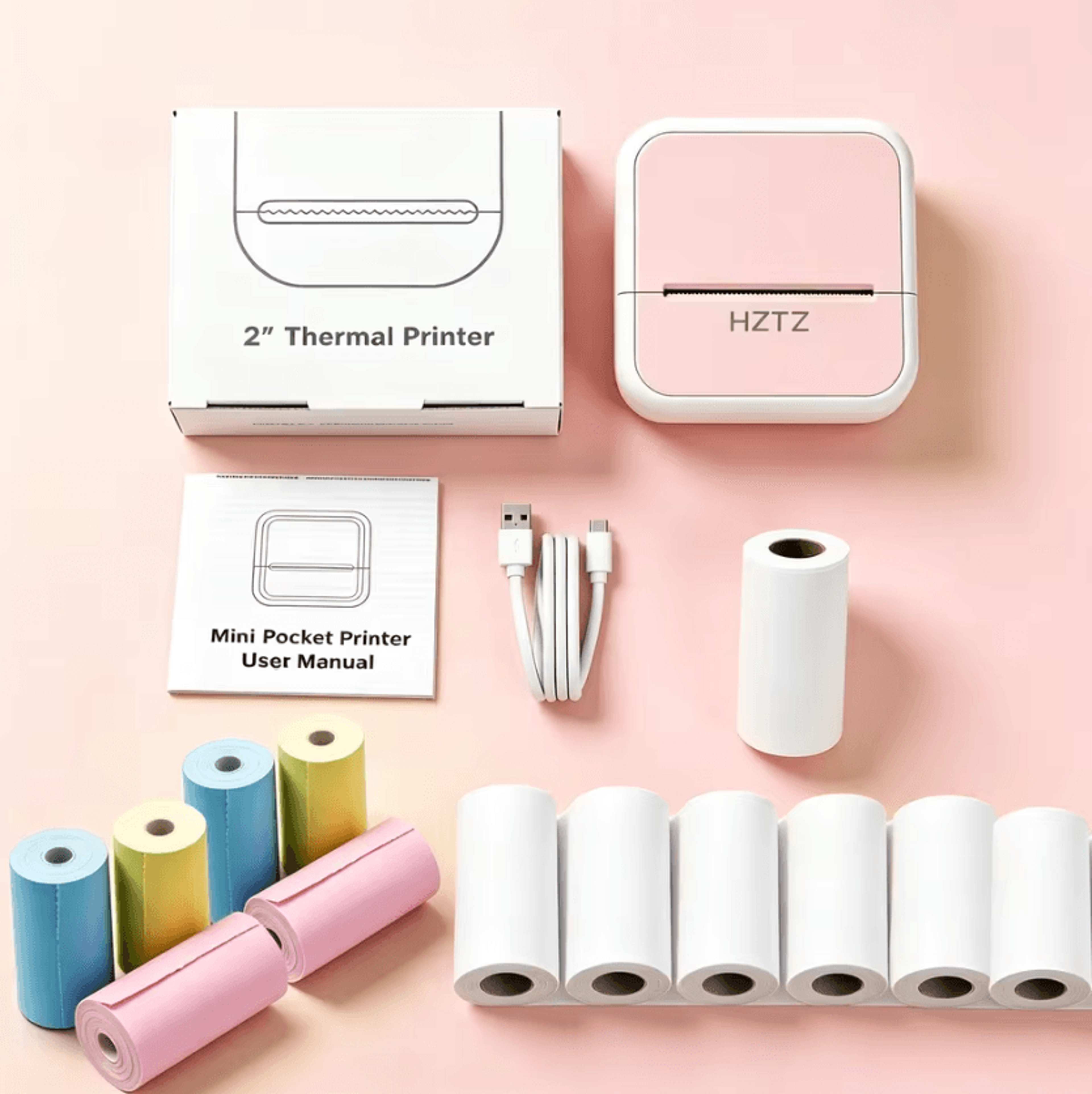 Mini Wireless Thermal Photo Printer Portable Inkless Pocket Printer With 12 Paper Rolls And USB Int 7
