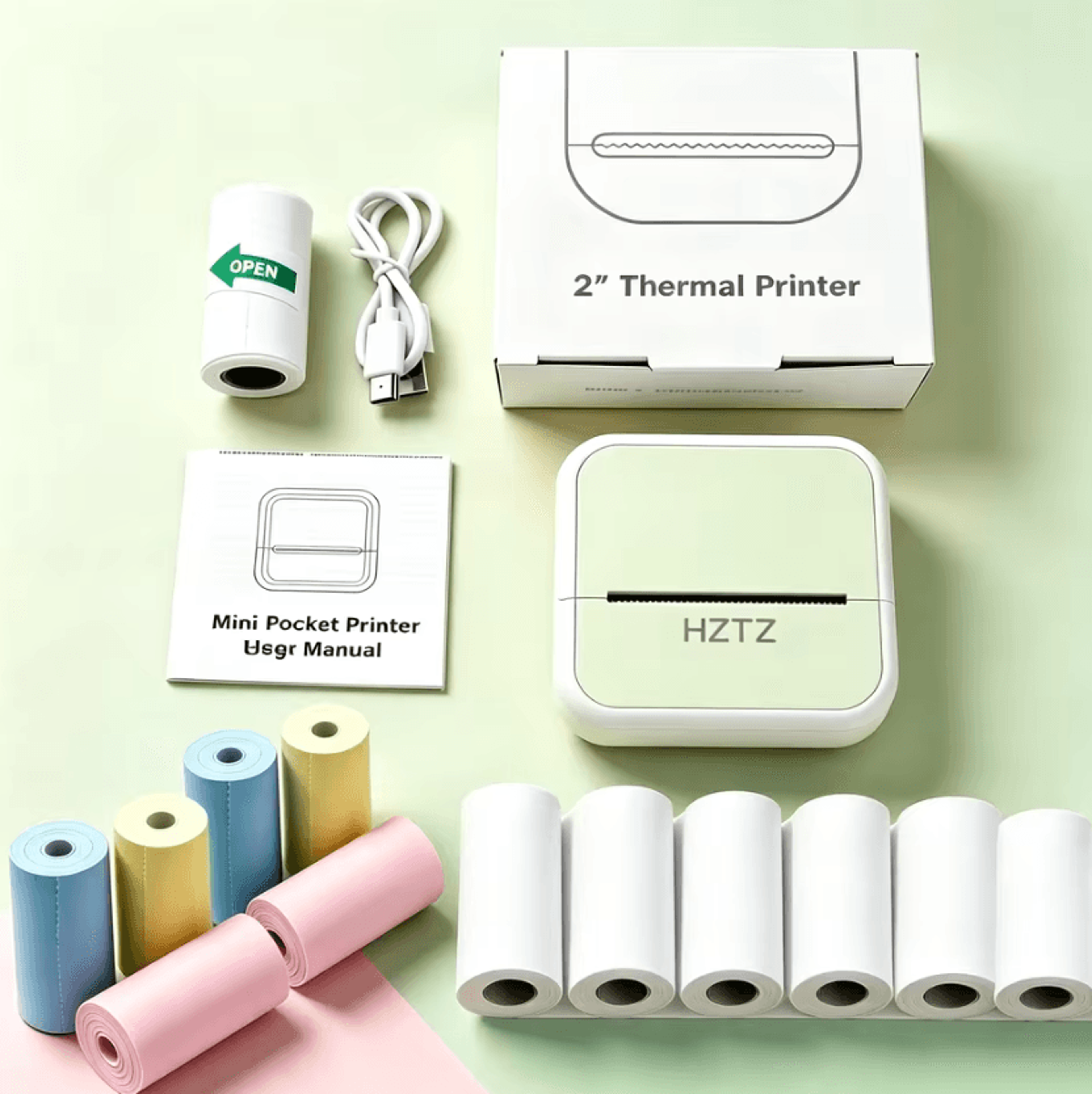 Mini Wireless Thermal Photo Printer Portable Inkless Pocket Printer With 12 Paper Rolls And USB Int 4