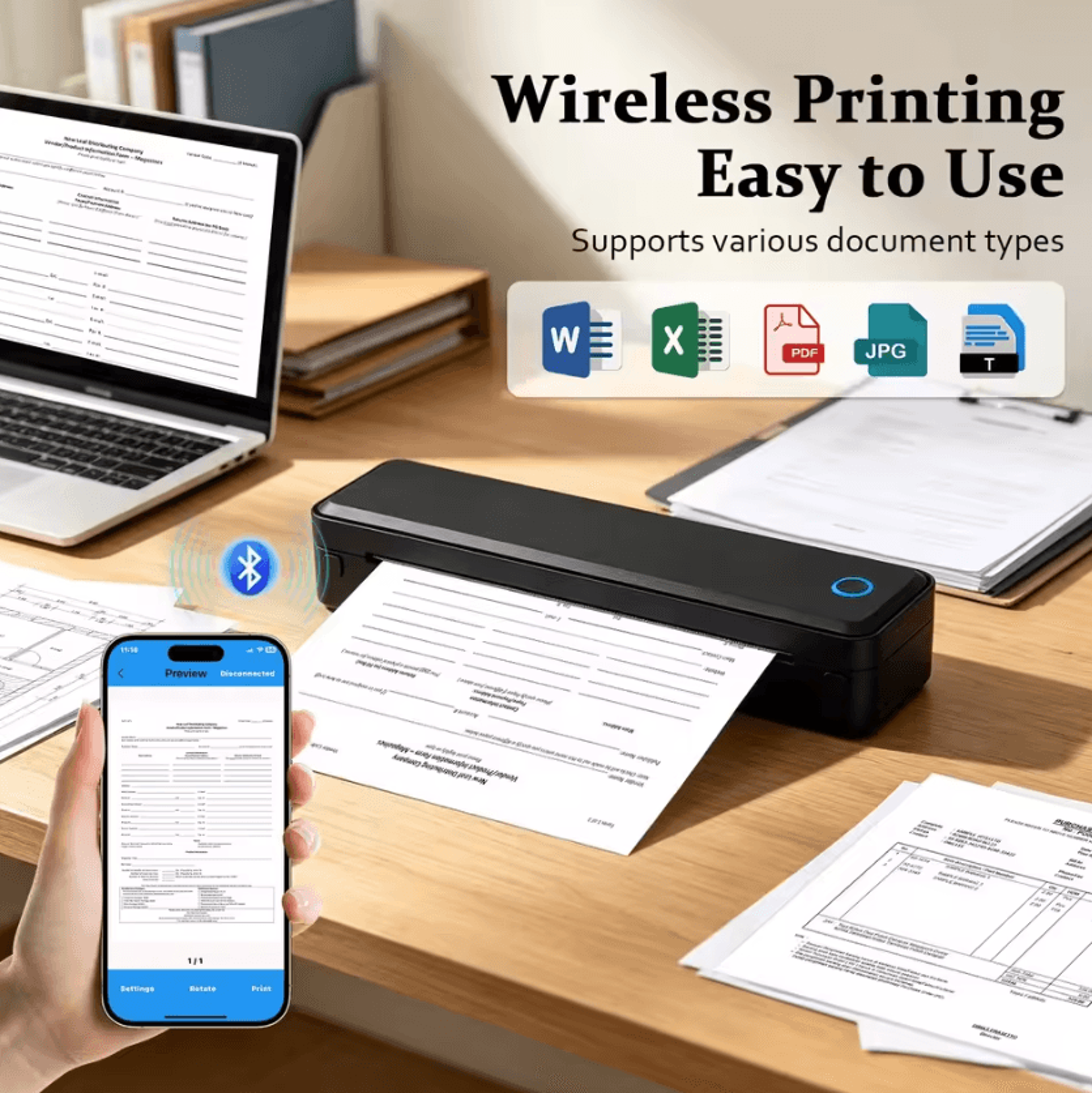 a4 portable bluetooth thermal printer 203dpi rechargeable inkless wireless document printer for business and travel