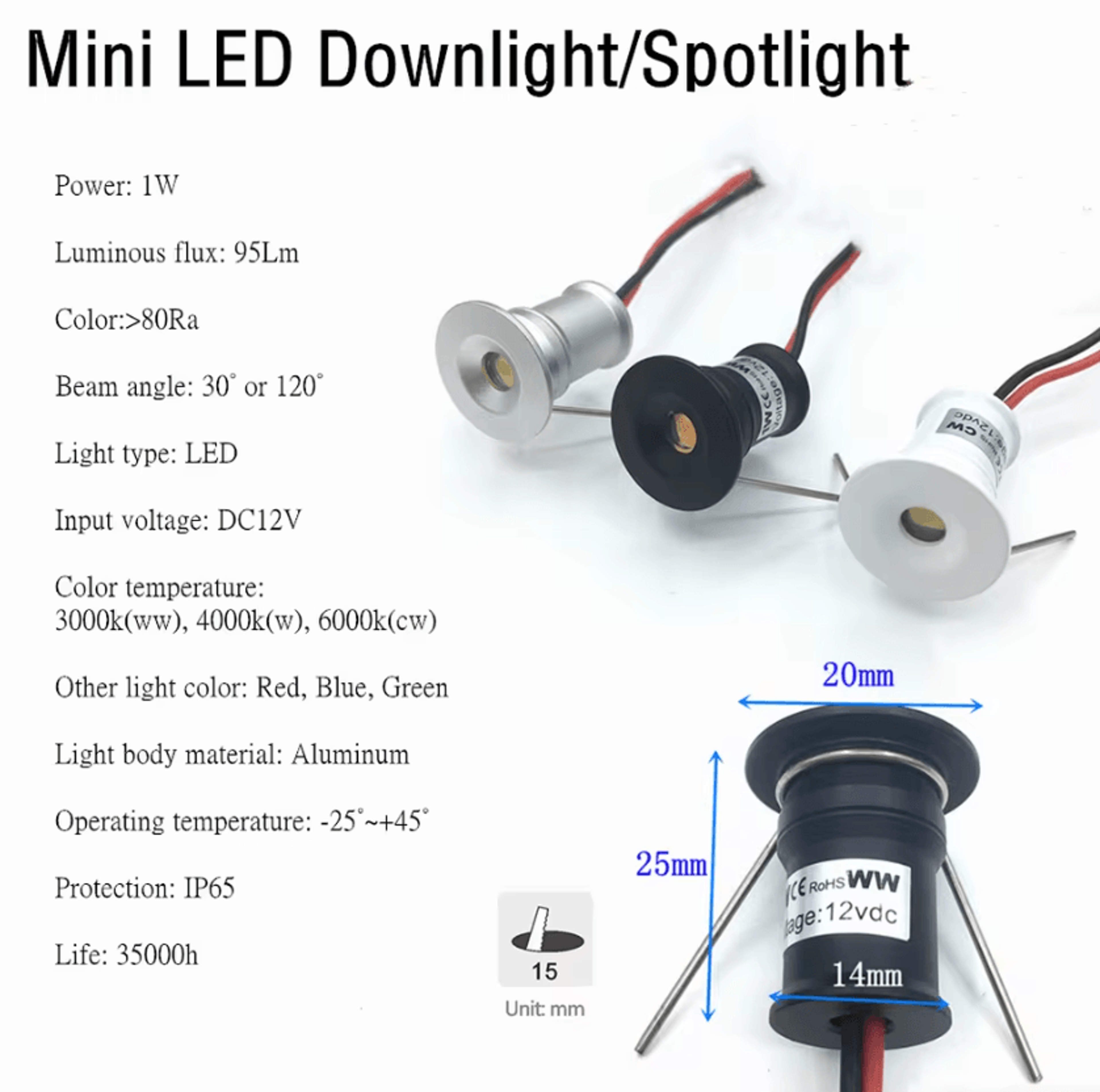 1W Mini LED Ceiling Spotlights 12V IP65 Recessed Downlights With AC220V Driver For Cabinets And Sho 3