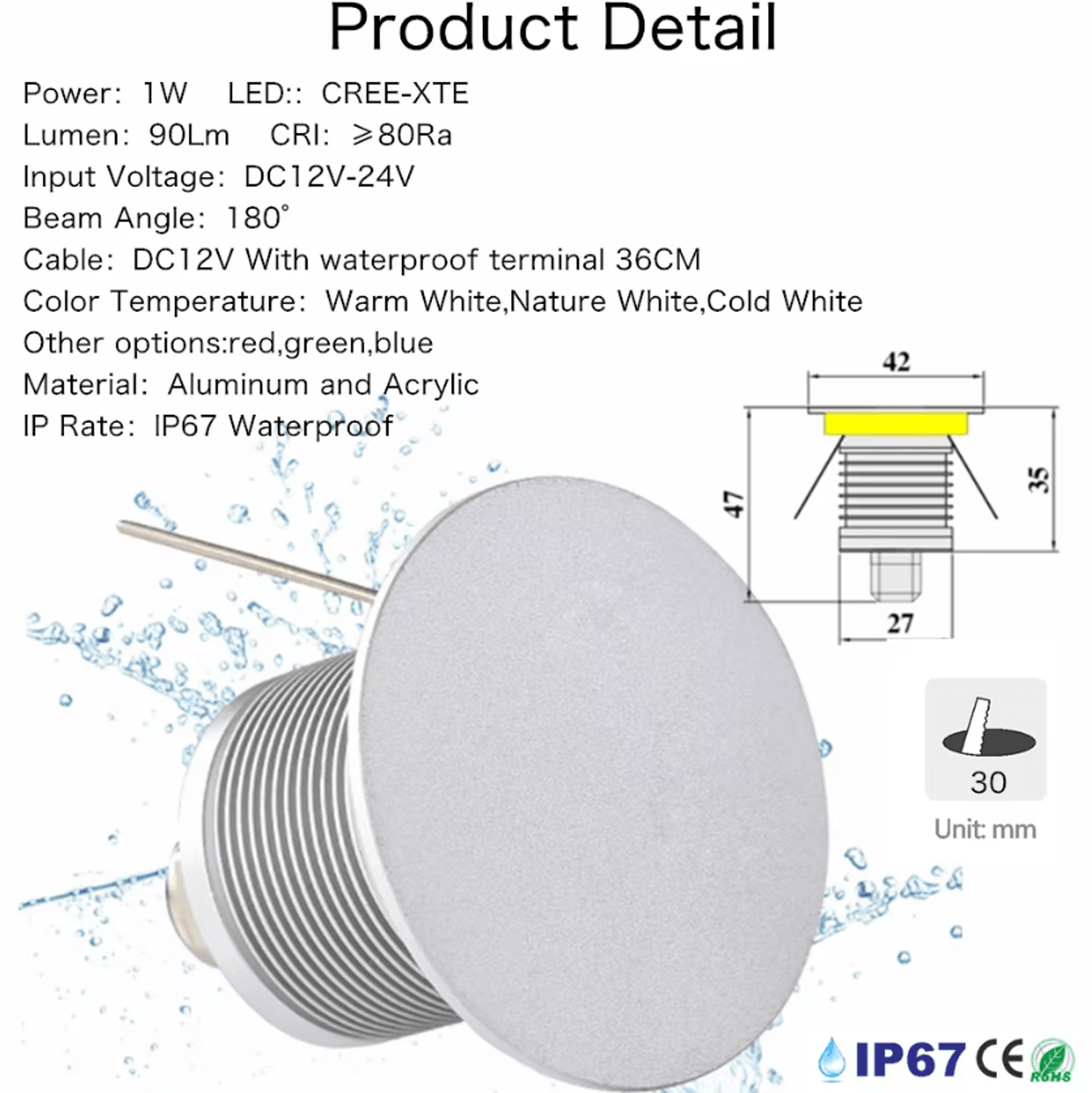 1W IP67 Recessed LED Stair Wall Light 12V 24V Waterproof Step Lamp For Garden Corridors And Outdoor 2