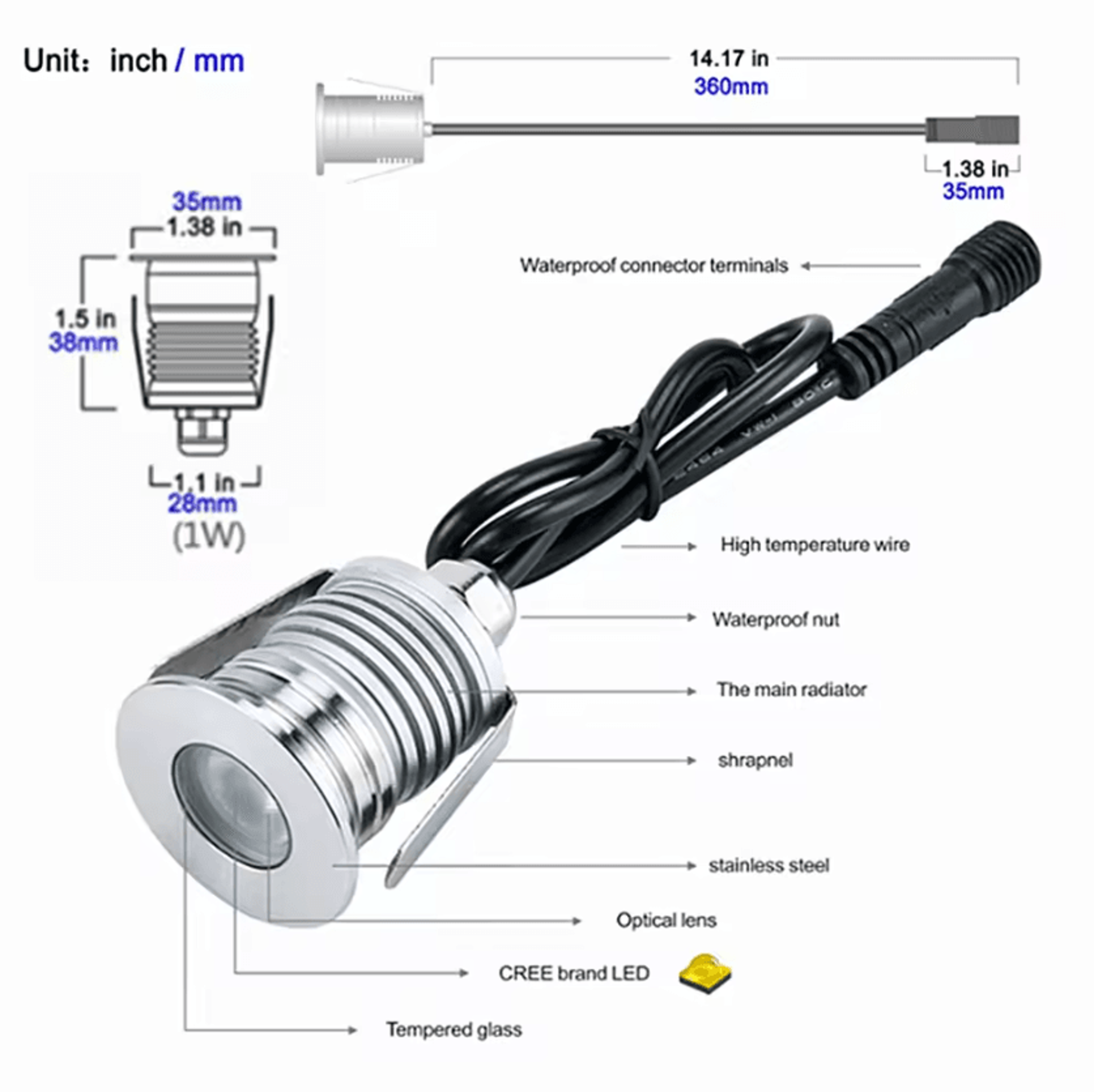 1W Mini IP67 Waterproof LED Ground Spotlight 12V 24V Recessed Garden Pathway And Landscape Light 3