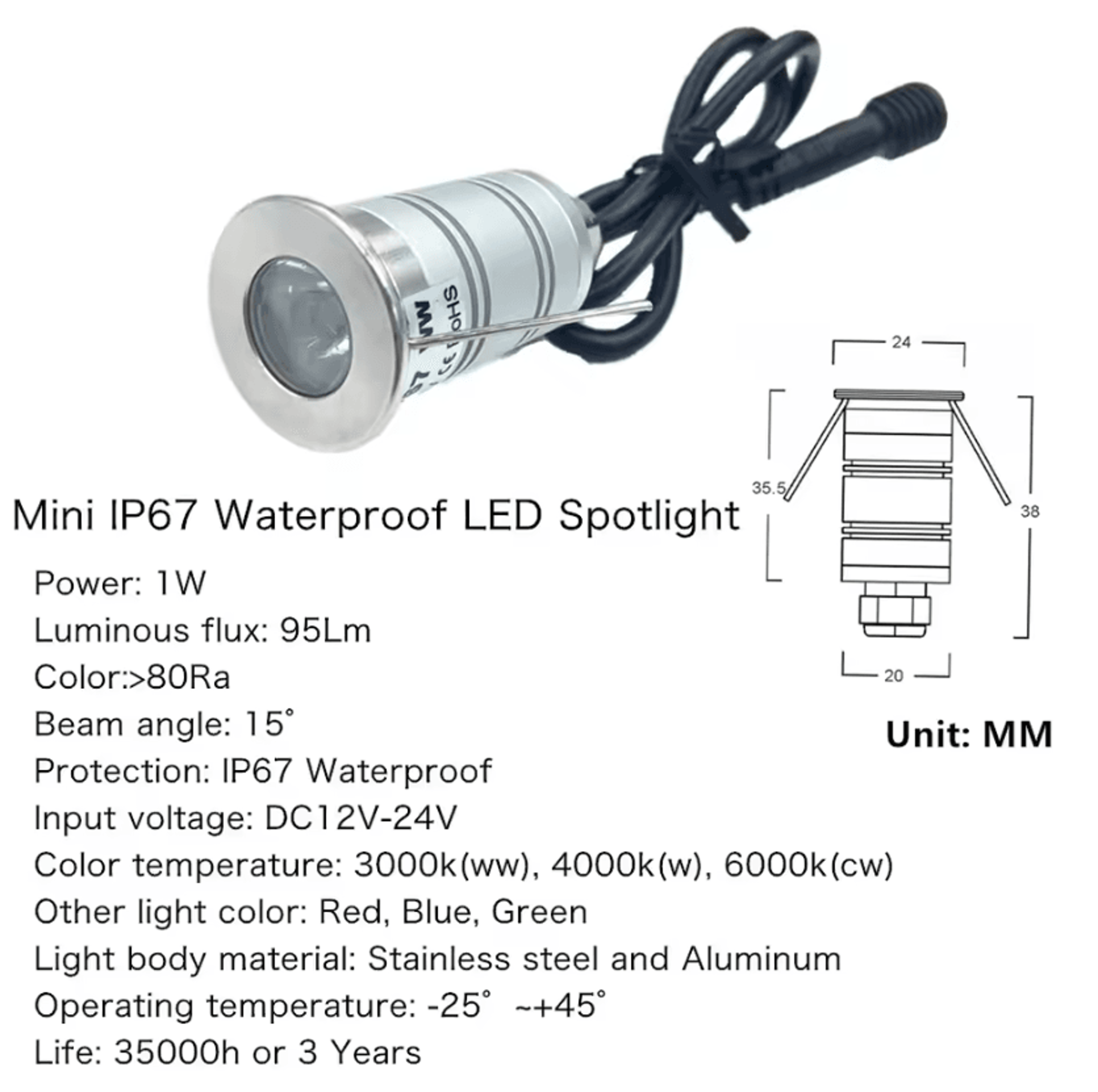 1W IP67 Waterproof LED Underground Spotlight 12V 24V Narrow Beam Garden And Yard Landscape Light 2