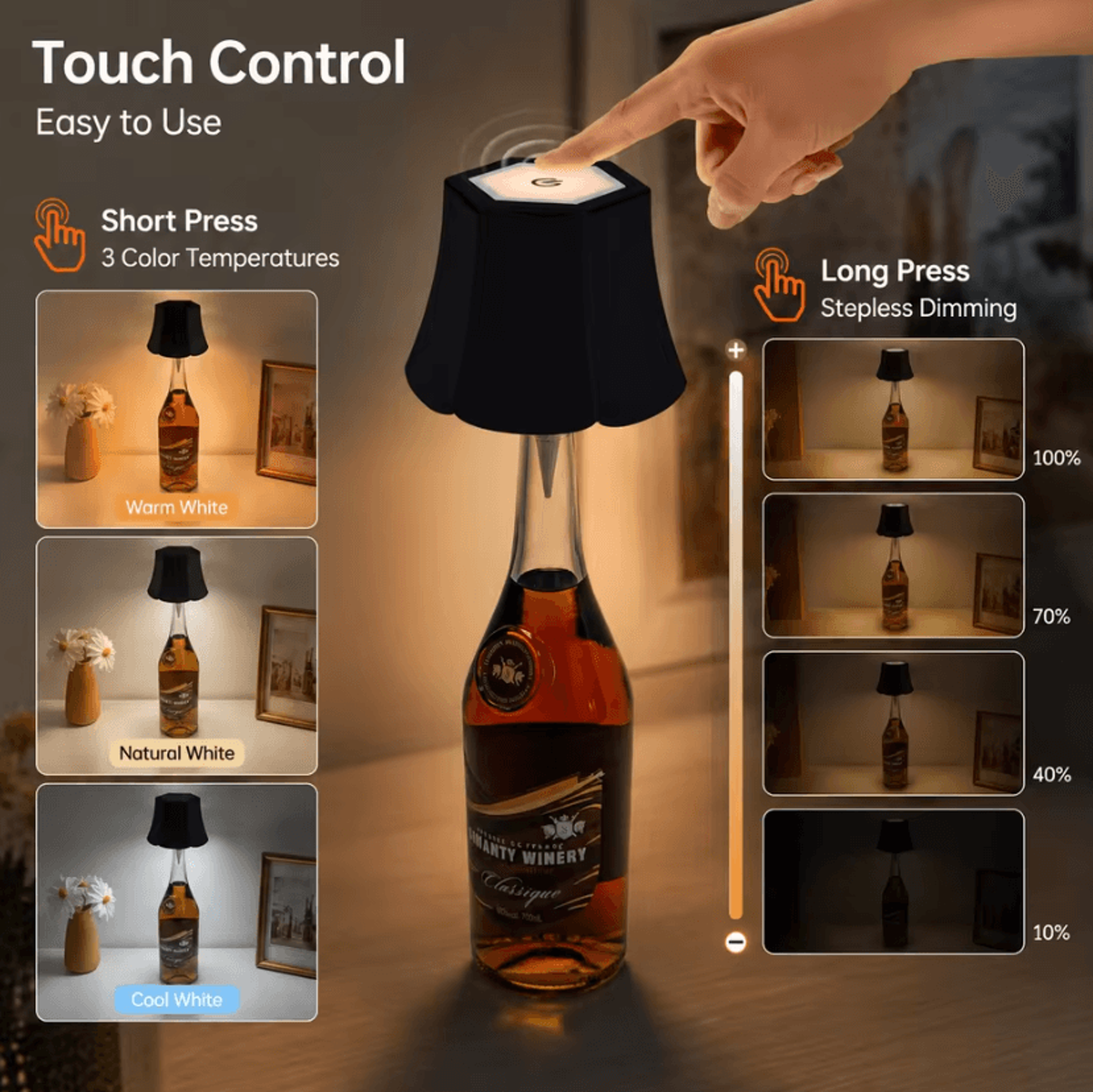 USBC Bottle Table Lamp Touch Control Warm LED Ambient Night Light For Bedroom Bar Restaurant And Ho 1
