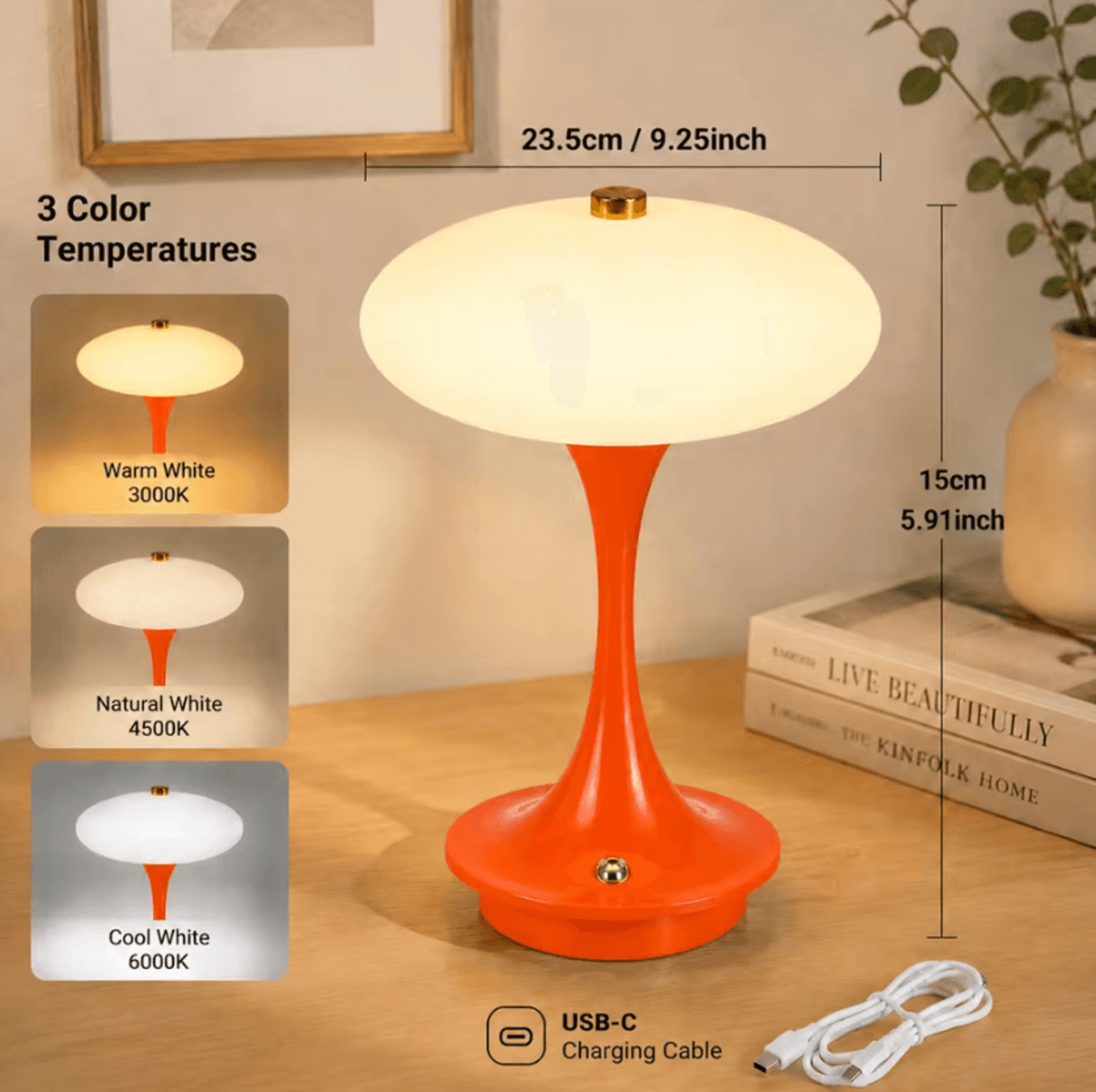 Contemporary Mushroom LED Table Lamp Rechargeable Touch Sensor Bedside Light With 3 Colors For Mode 6