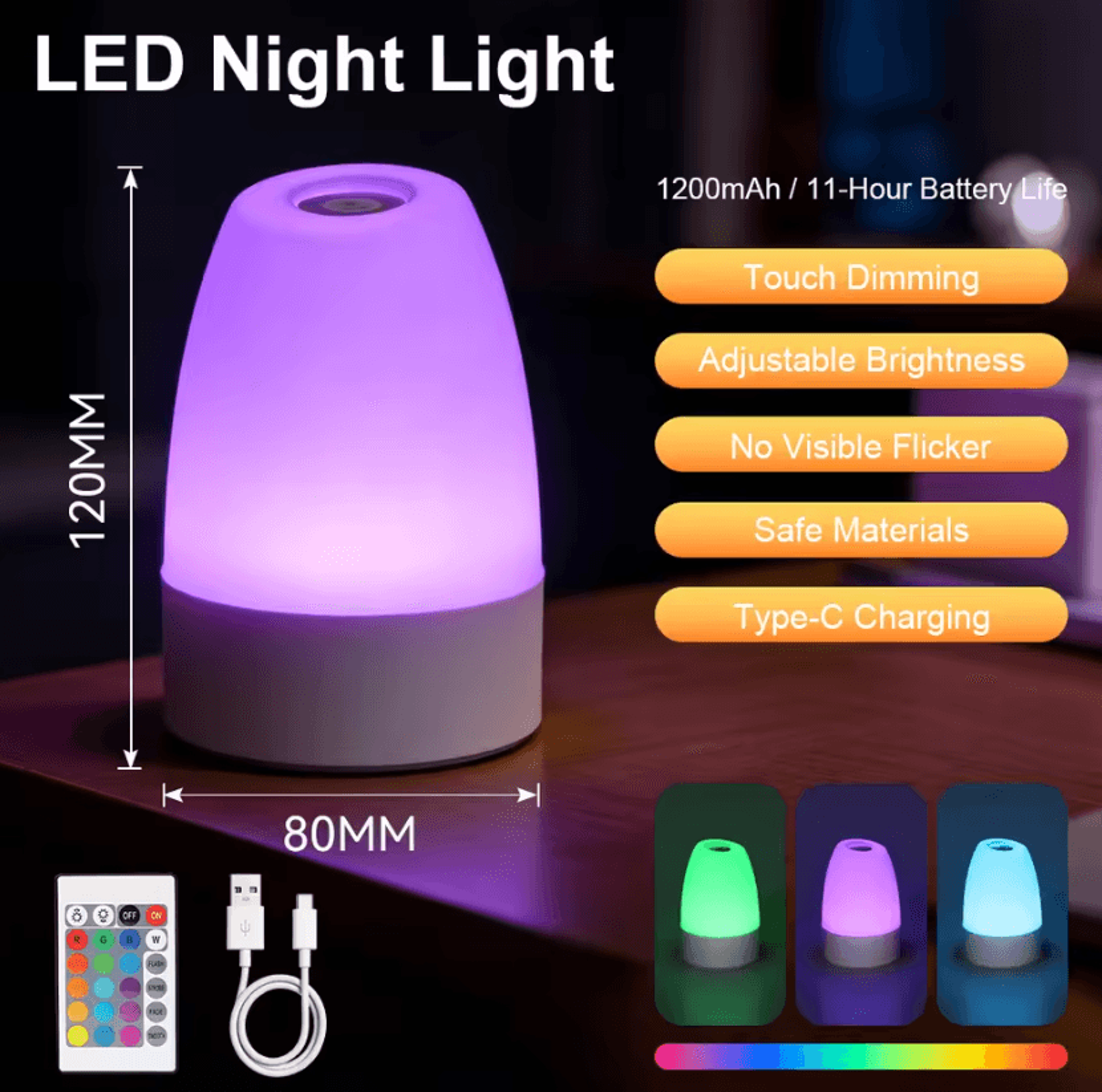 USB Rechargeable LED Night Light 3Color Stepless Dimmable Bedside Table Lamp For Bedroom Study And  9