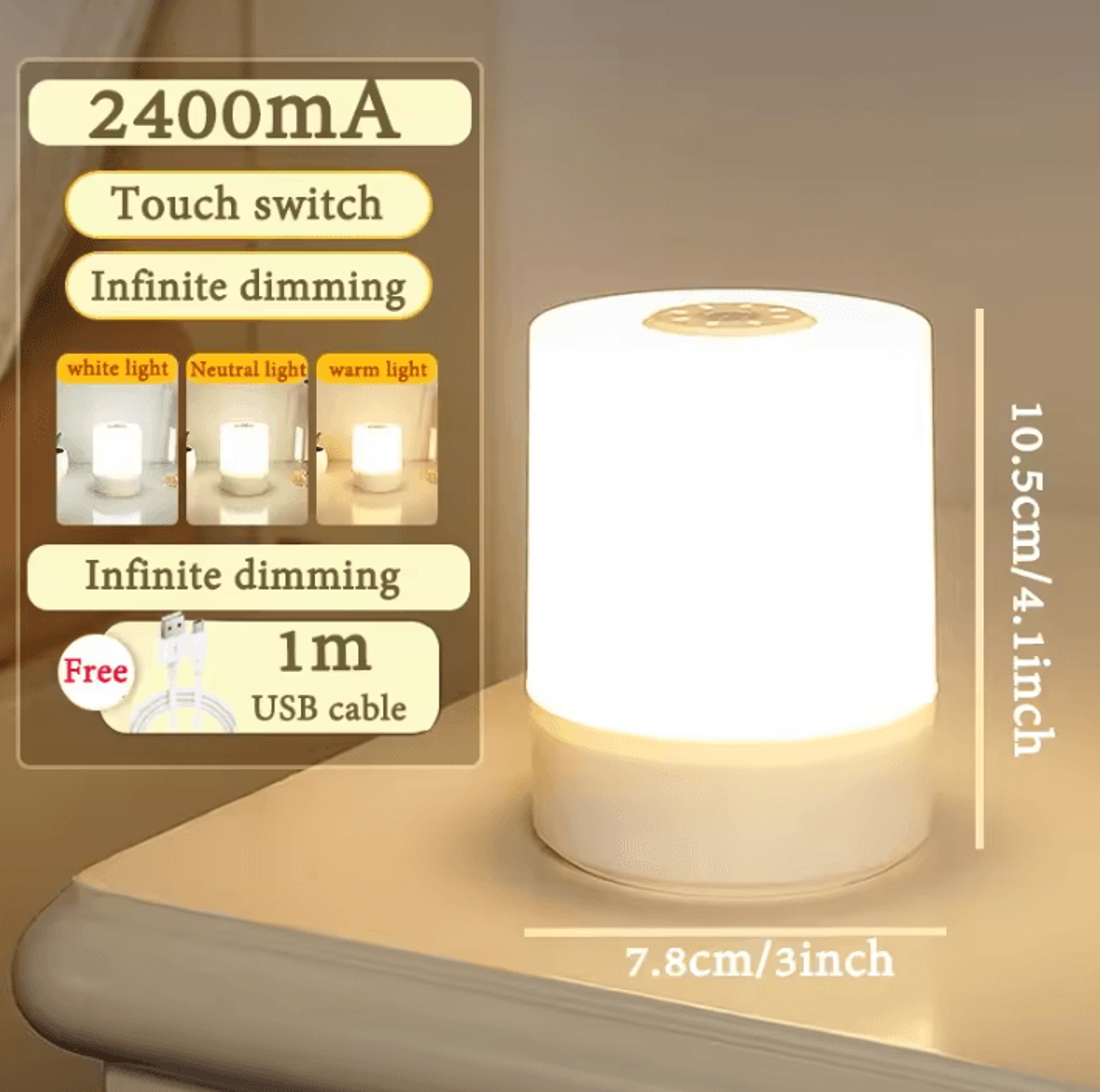 USB Rechargeable LED Night Light 3Color Stepless Dimmable Bedside Table Lamp For Bedroom Study And  4