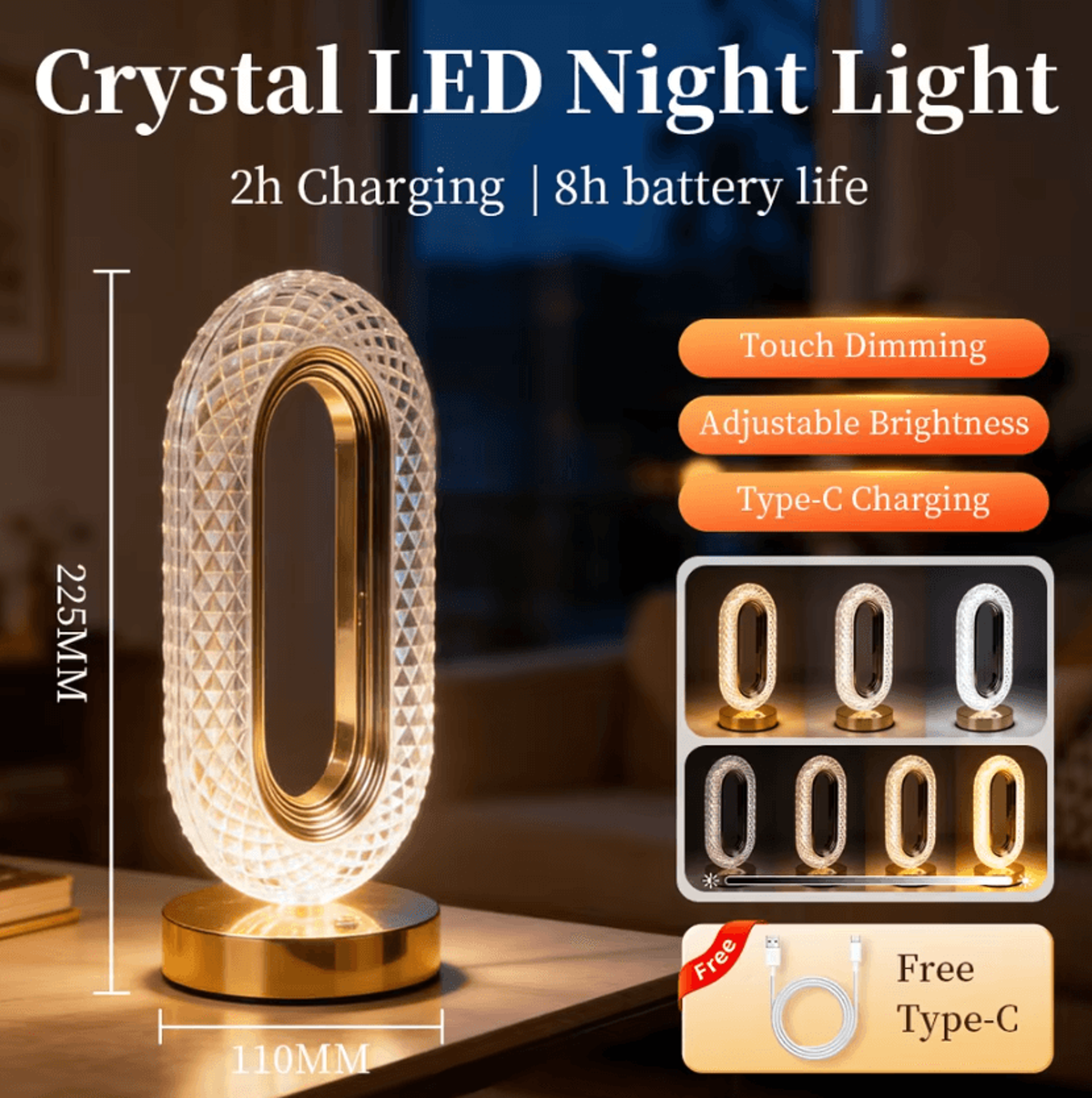 USB Rechargeable LED Night Light 3Color Stepless Dimmable Bedside Table Lamp For Bedroom Study And  6