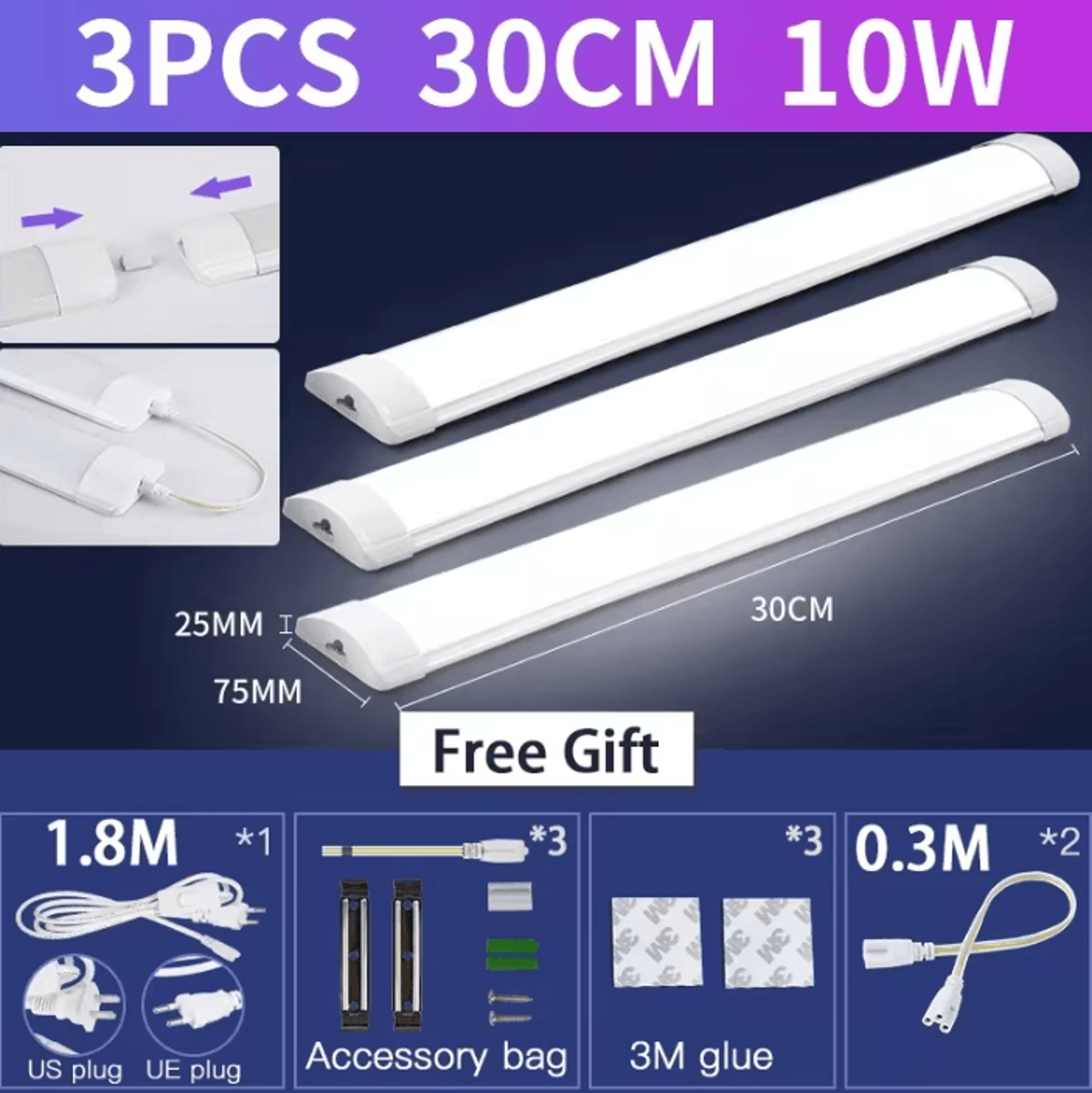 3050cm LED Under Cabinet Tube Light Slim Bar Lamp For Kitchen Bedroom And Home Lighting 7
