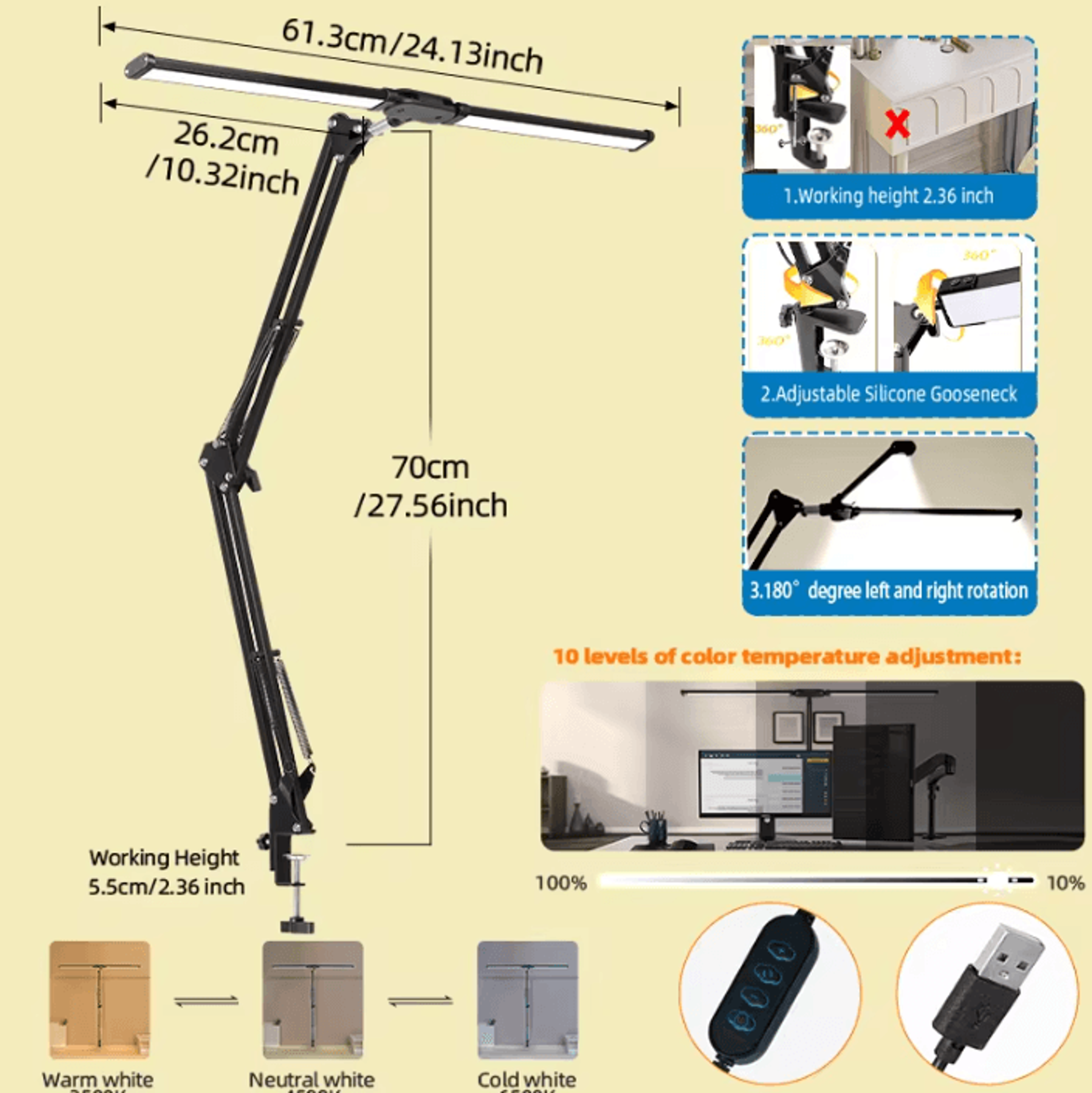 24W Double Head LED Monitor Light Bar USB Stepless Dimmable Screen Lamp For Office Study And Readin 5