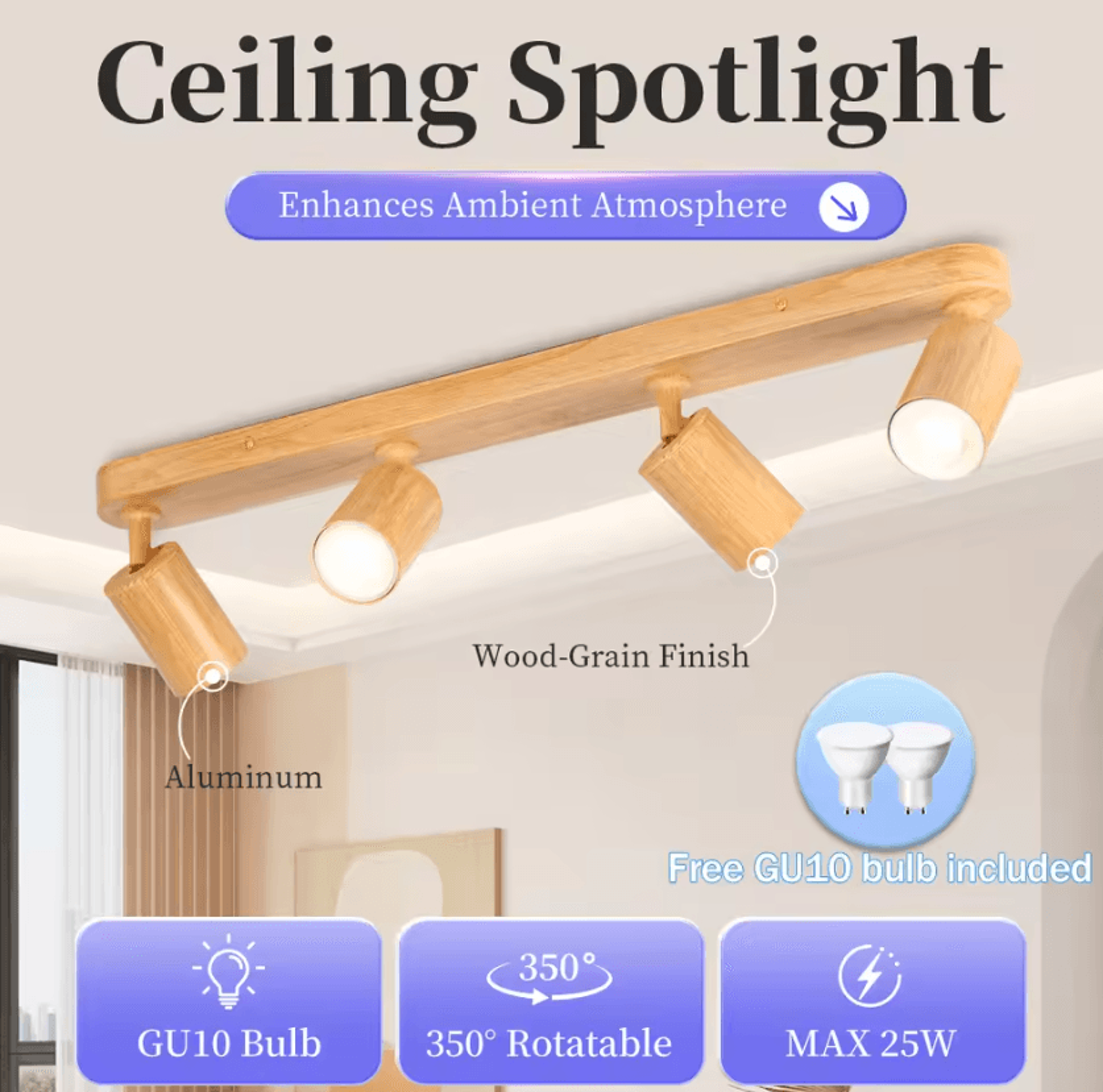 wooden gu10 led ceiling spotlight 110-220v replaceable bulb track lamp for kitchen living room and bedroom