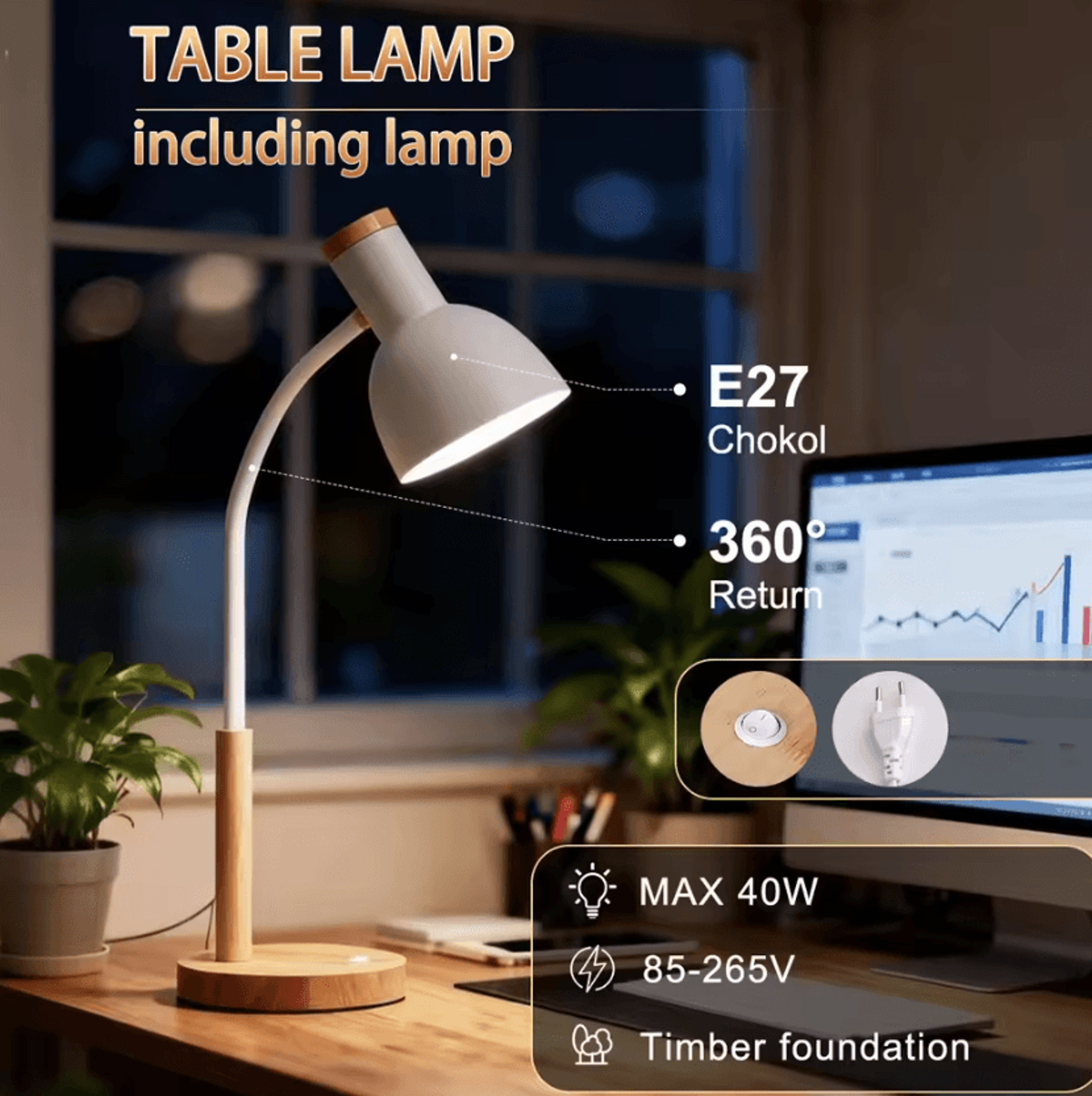 Modern E27 LED Desk Lamp Replaceable Bulb Table Light For Bedroom Office Study And Reading 1