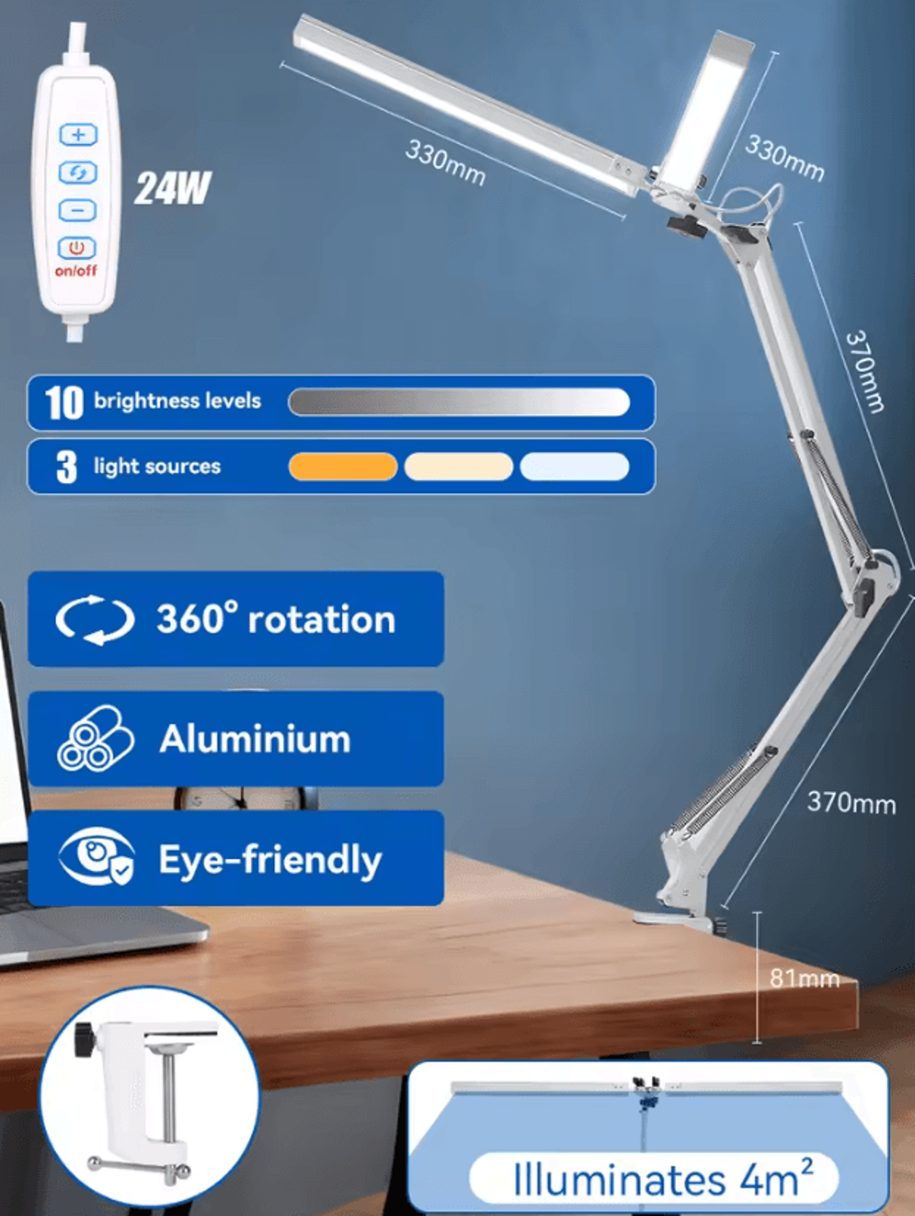 Dual Head LED Desk Lamp Stepless Dimmable USB Computer Monitor Light For Office Study And Reading 5