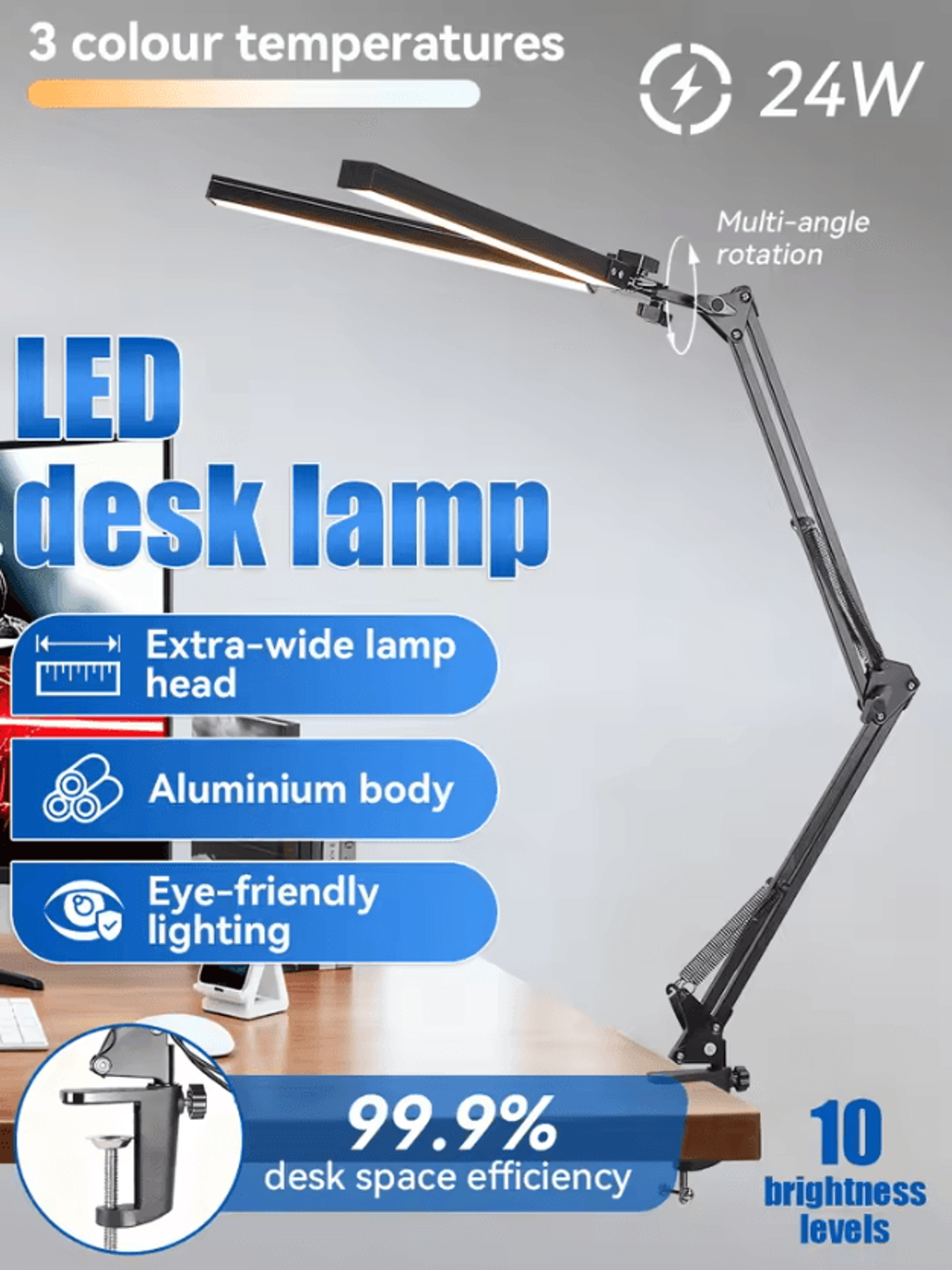 Dual Head LED Desk Lamp Stepless Dimmable USB Computer Monitor Light For Office Study And Reading 1
