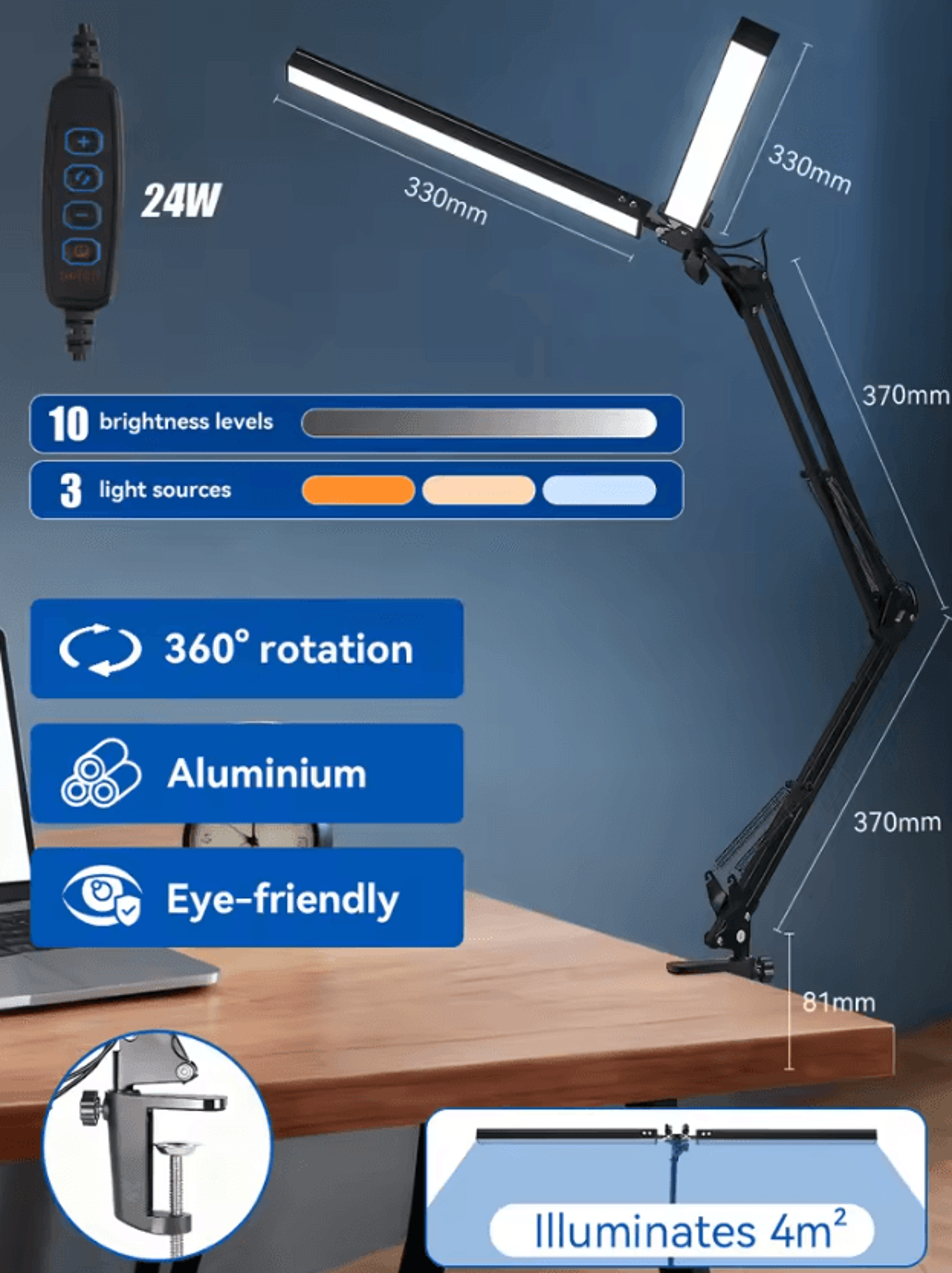 Dual Head LED Desk Lamp Stepless Dimmable USB Computer Monitor Light For Office Study And Reading 6