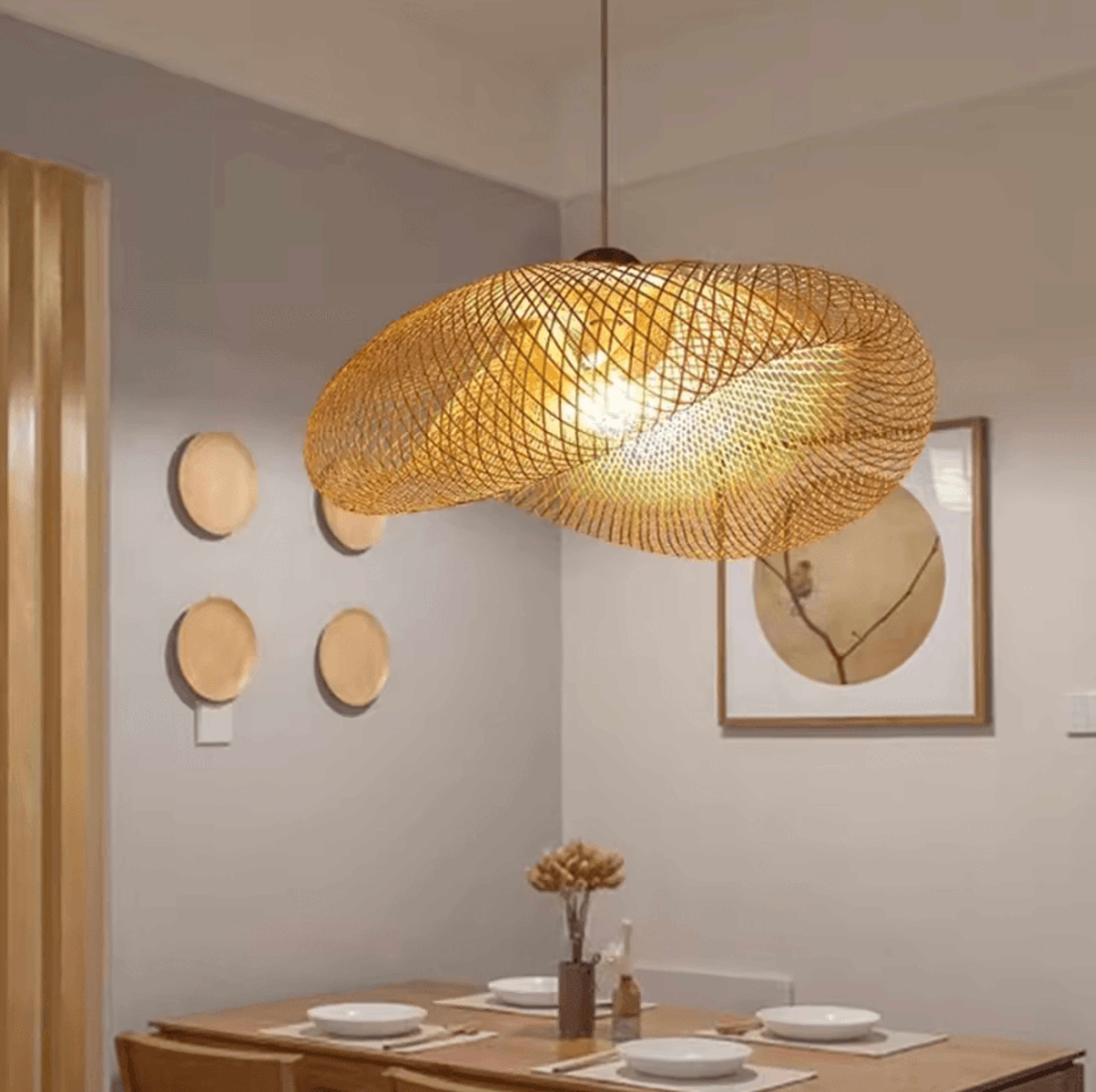 handmade bamboo woven led pendant light 40-80cm vintage hanging chandelier for dining and living room