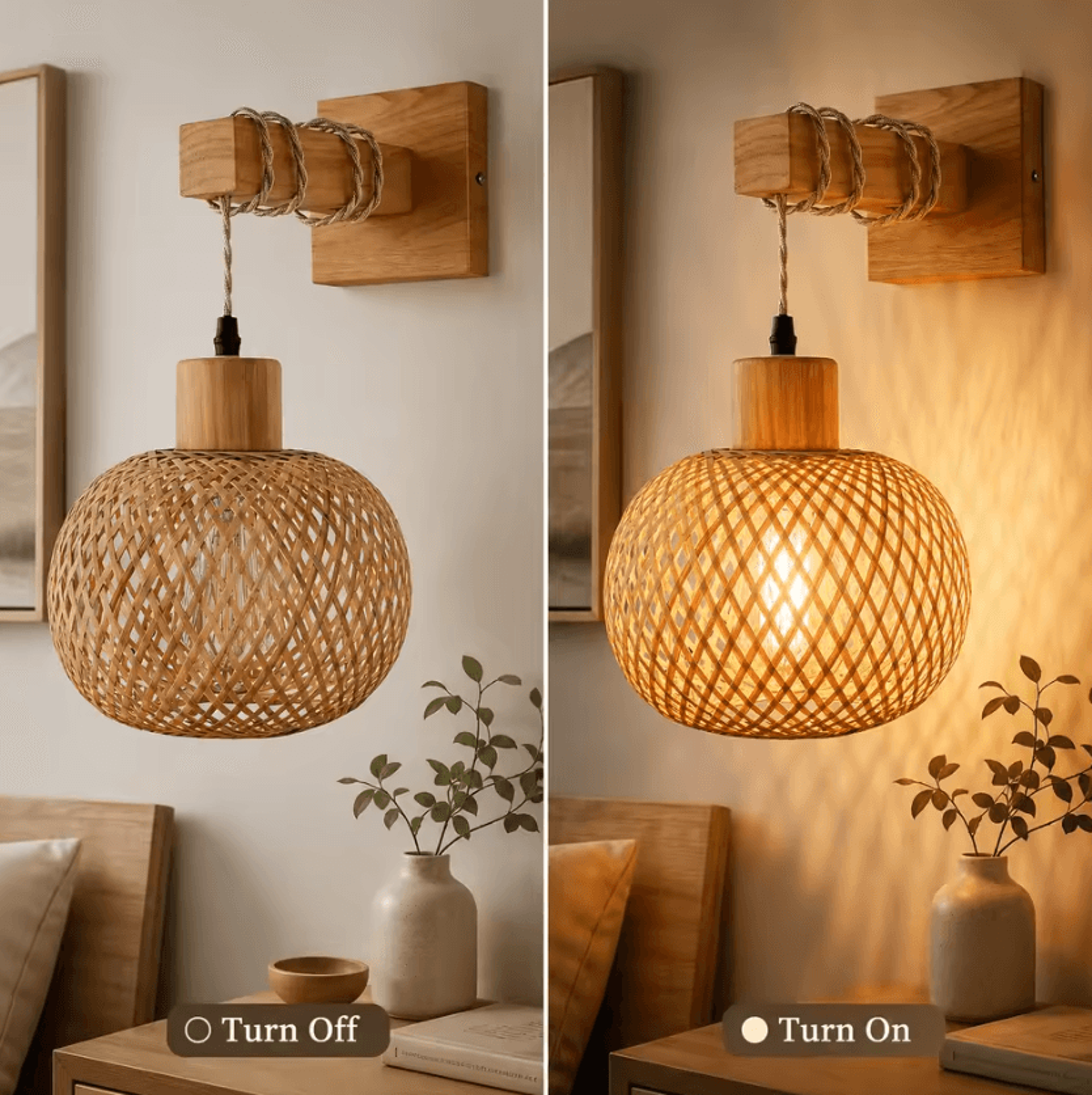 JOYINLED Handwoven Bamboo Rattan Wall Sconce E27 Boho Farmhouse Lamp For Bedroom And Hallway 3