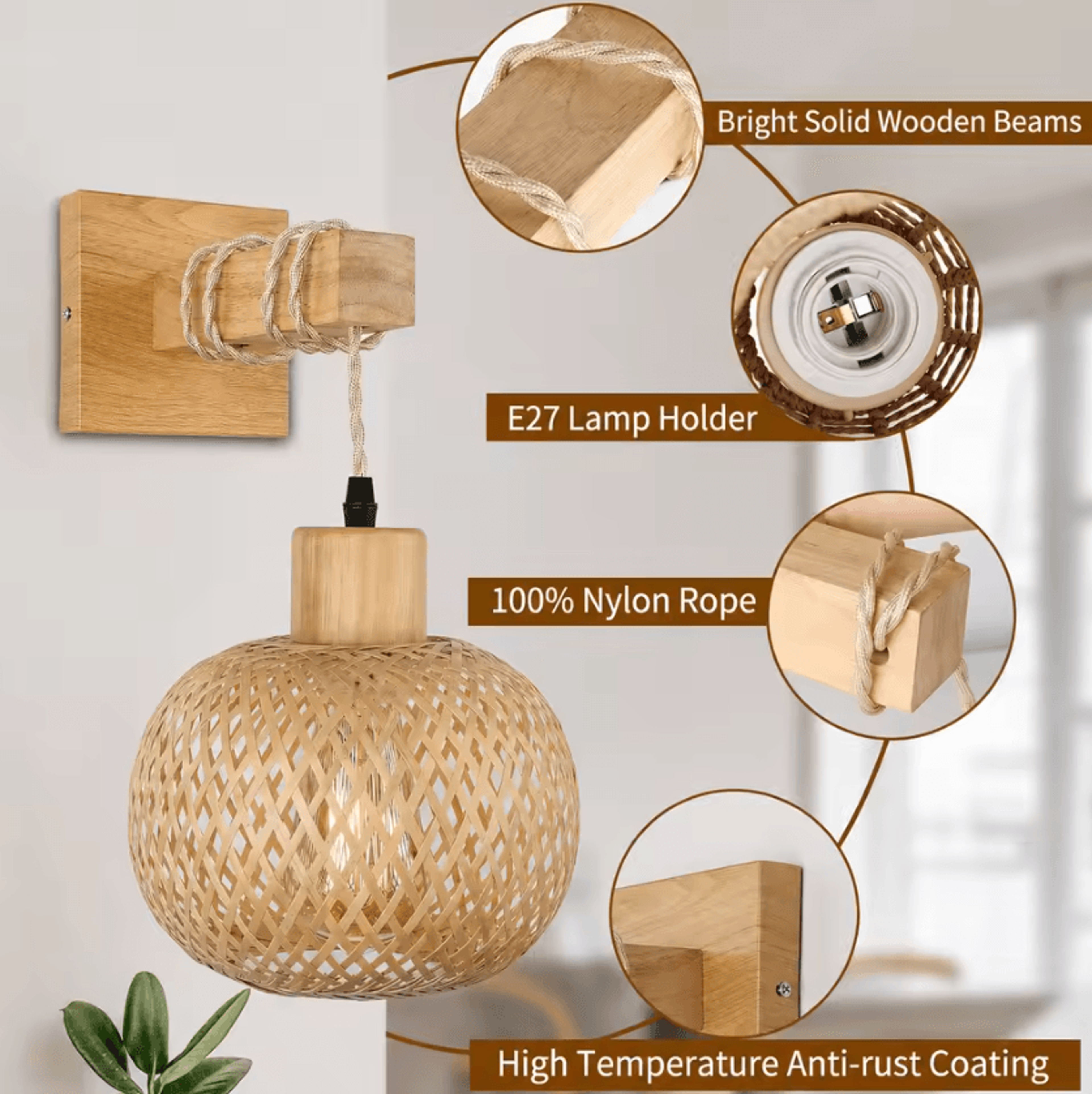 JOYINLED Handwoven Bamboo Rattan Wall Sconce E27 Boho Farmhouse Lamp For Bedroom And Hallway 2