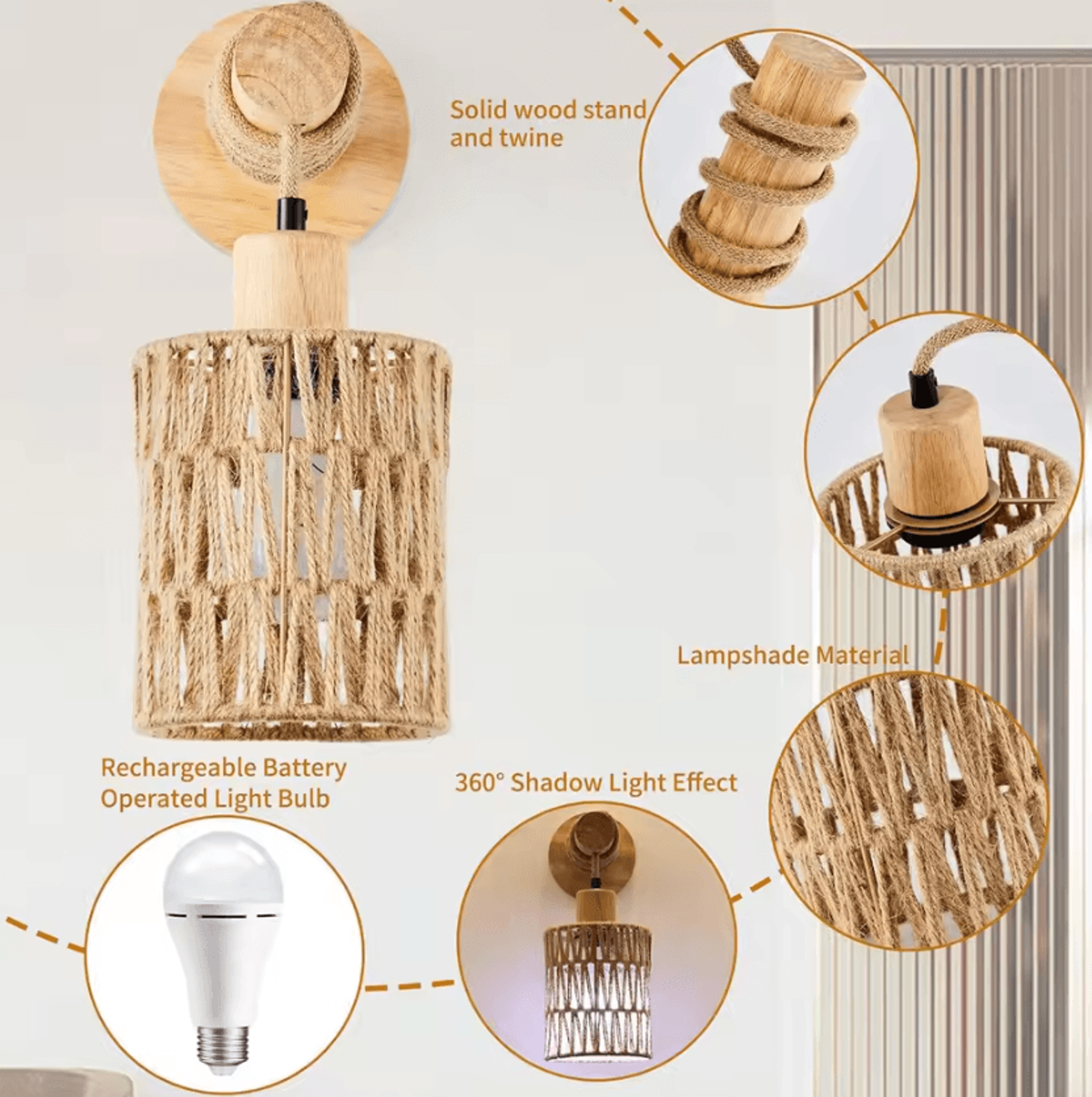 Dimmable Boho Rattan Wall Sconce Wicker Wall Mounted Lamp For Bedroom And Nursery 2