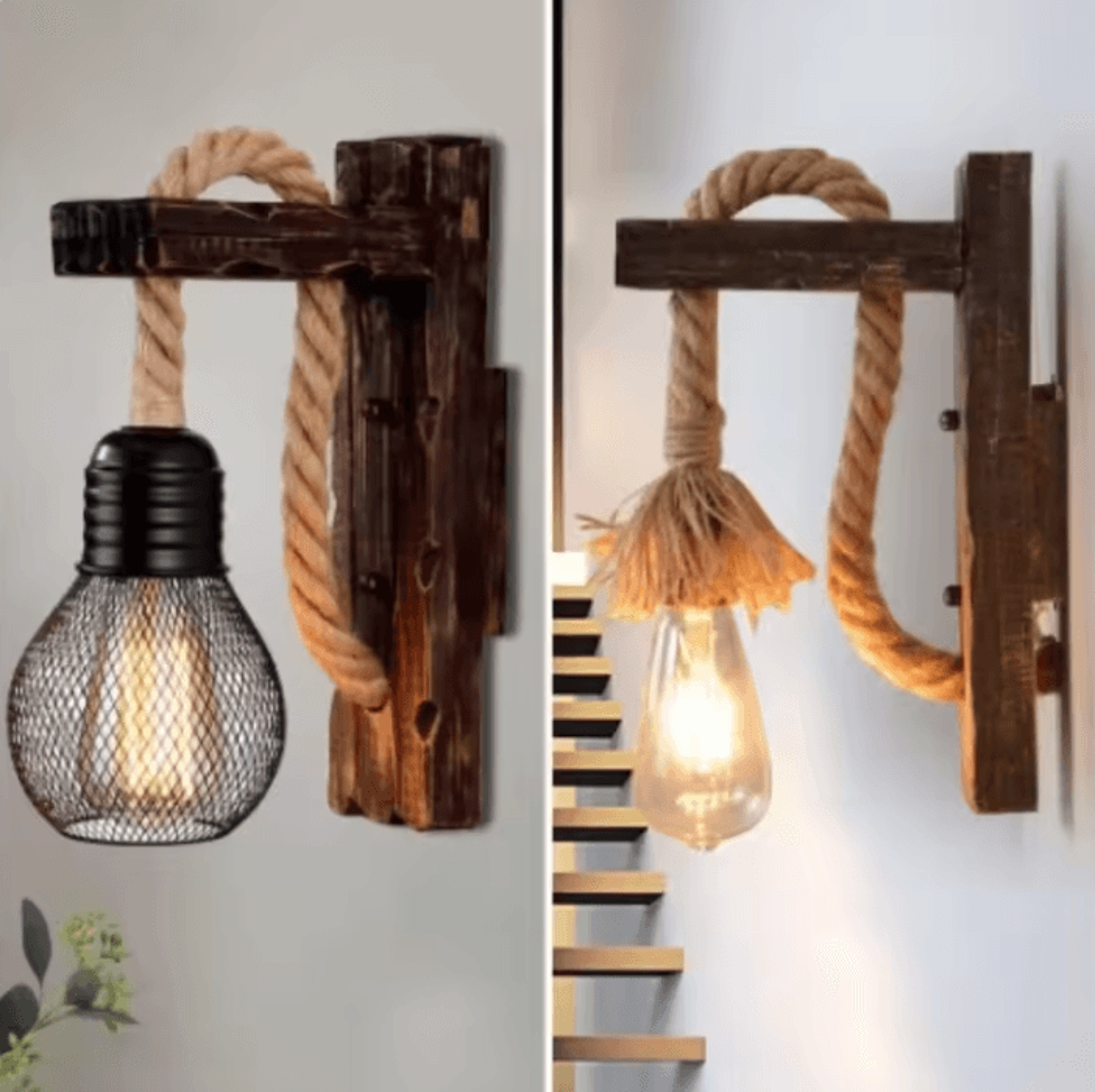 Vintage Wooden Hemp Rope Wall Lamp Rustic Industrial Bedside Sconce For Hallway And Loft Decor 2