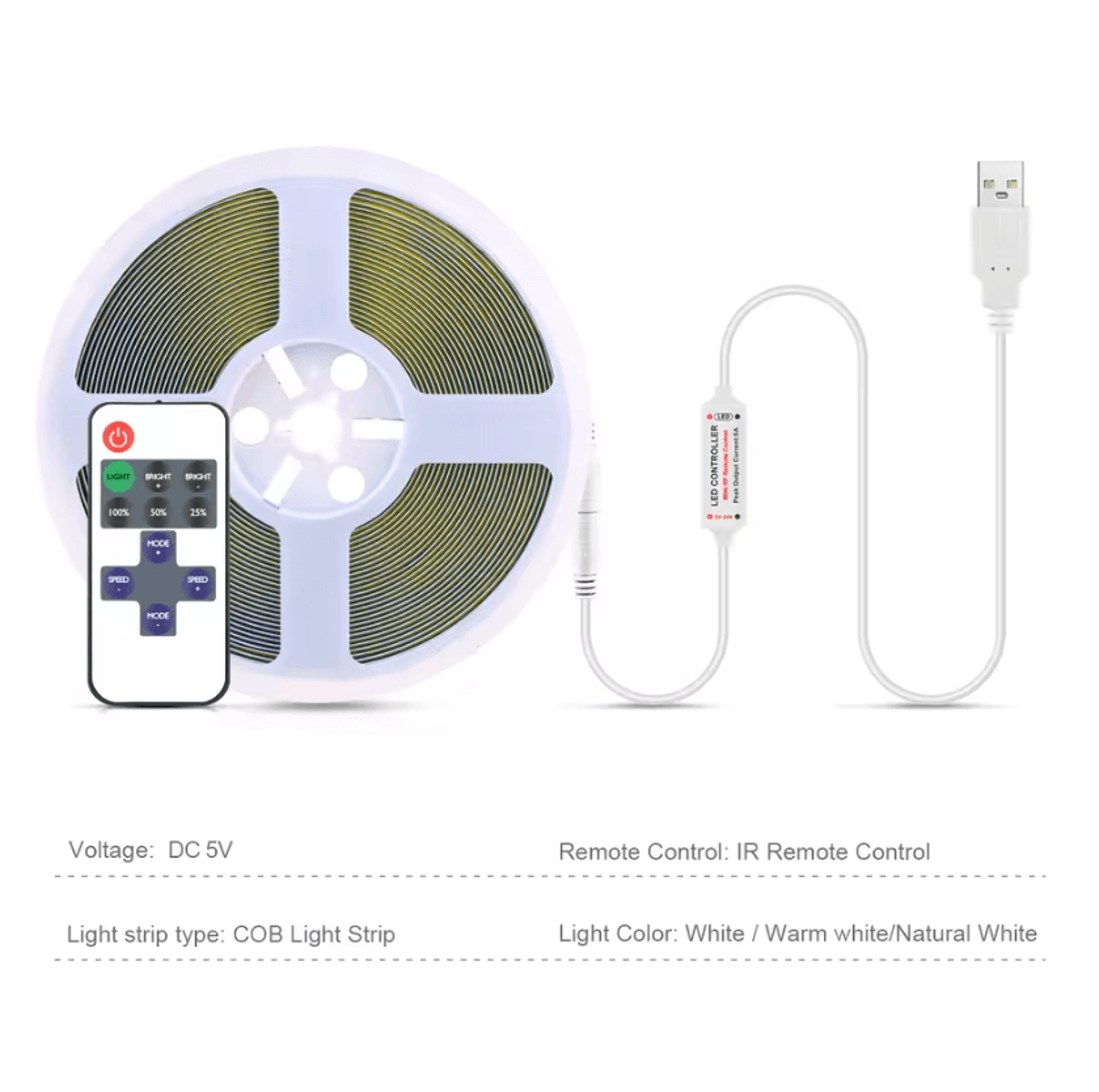 5V USB COB LED Strip Light 1M 2M 3M 5M Dimmable RF Remote Control Flexible Tape For Kitchen And Mir 1