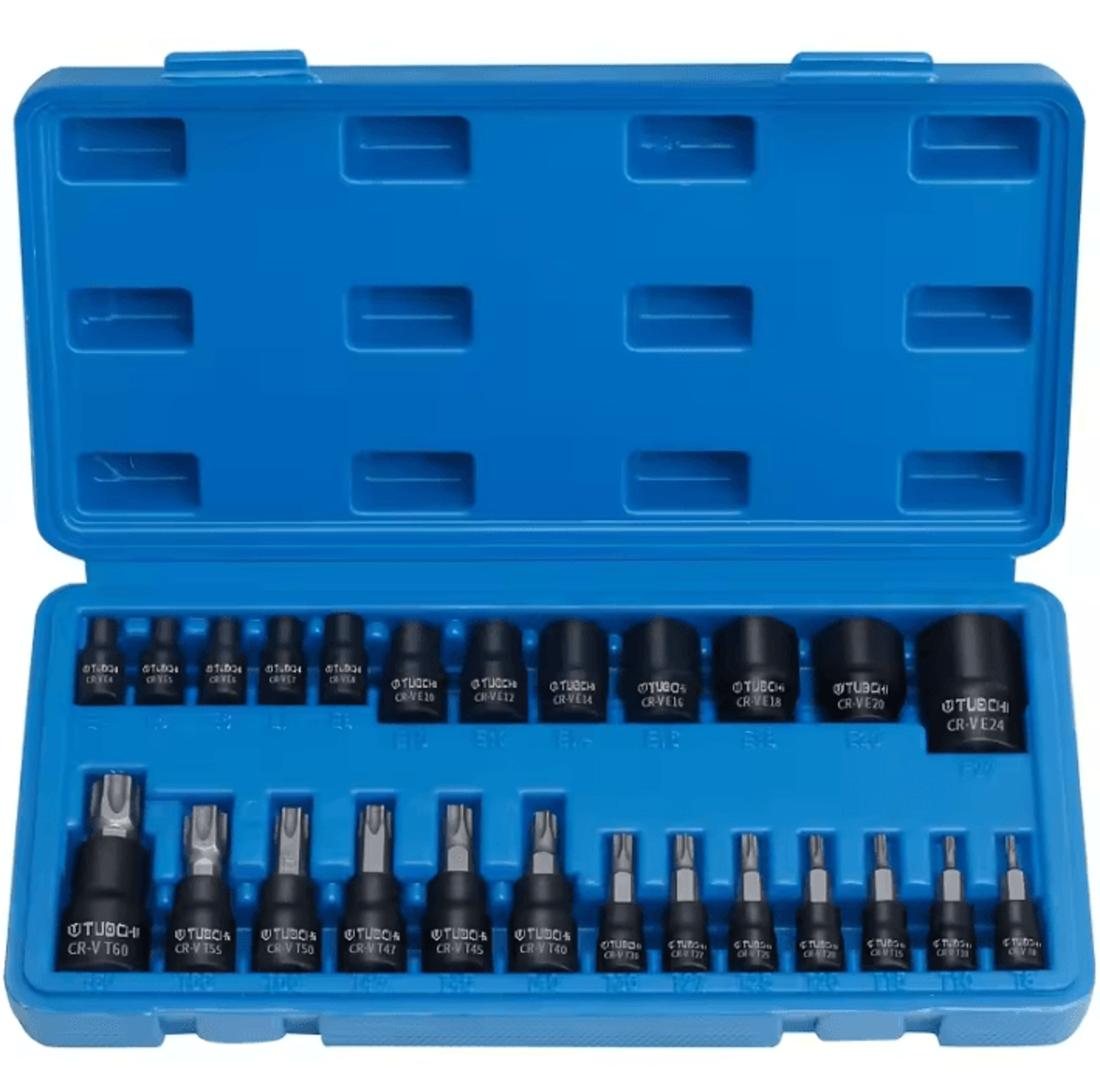 25pcs torx bit and e-torx socket set t8-t60 star bits e4-e22 external torx sockets for auto and motorcycle repairs