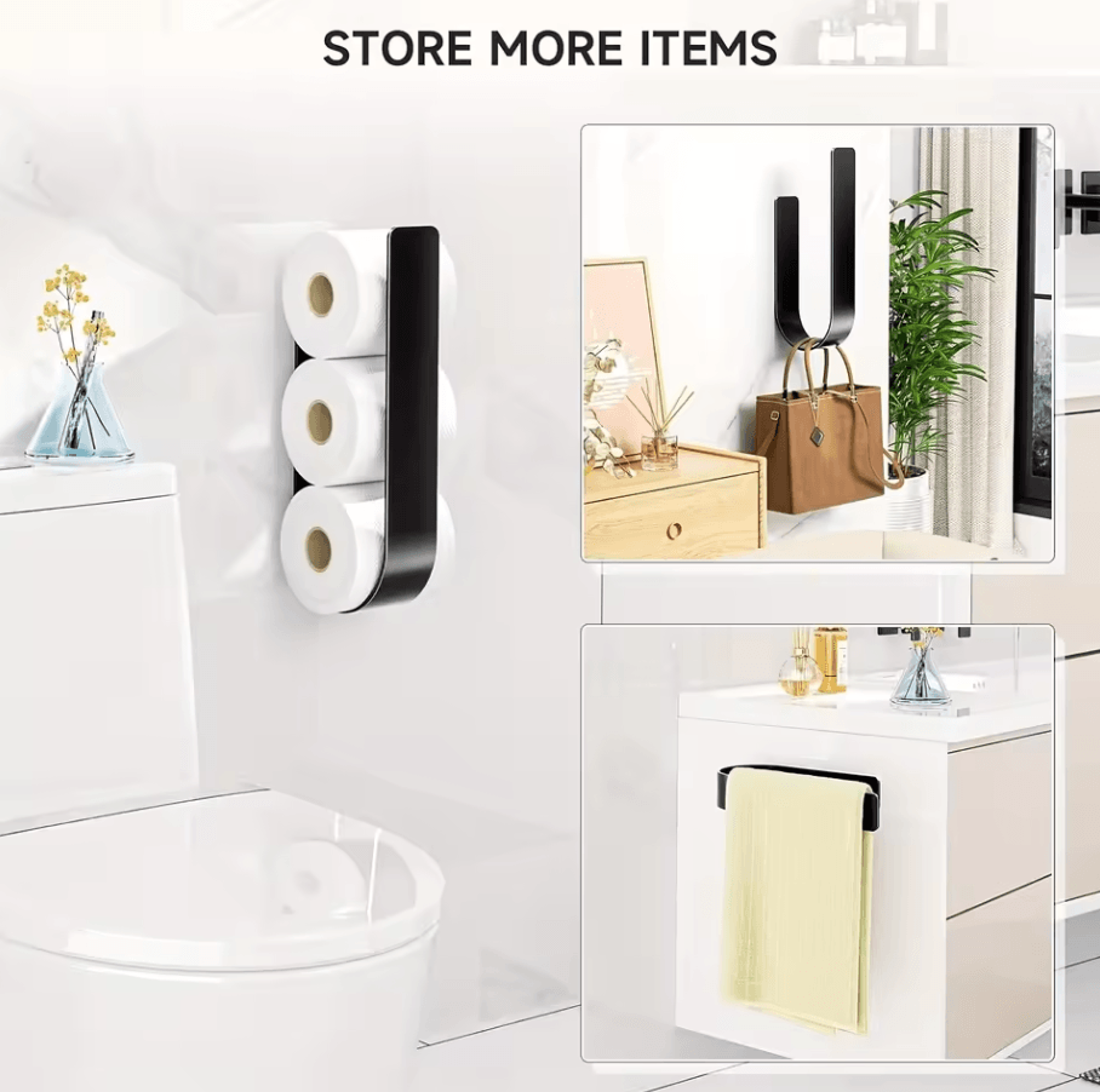 3in1 WallMounted Toilet Paper Holder With Towel Rack  Hooks Black Metal Bathroom Organizer 3