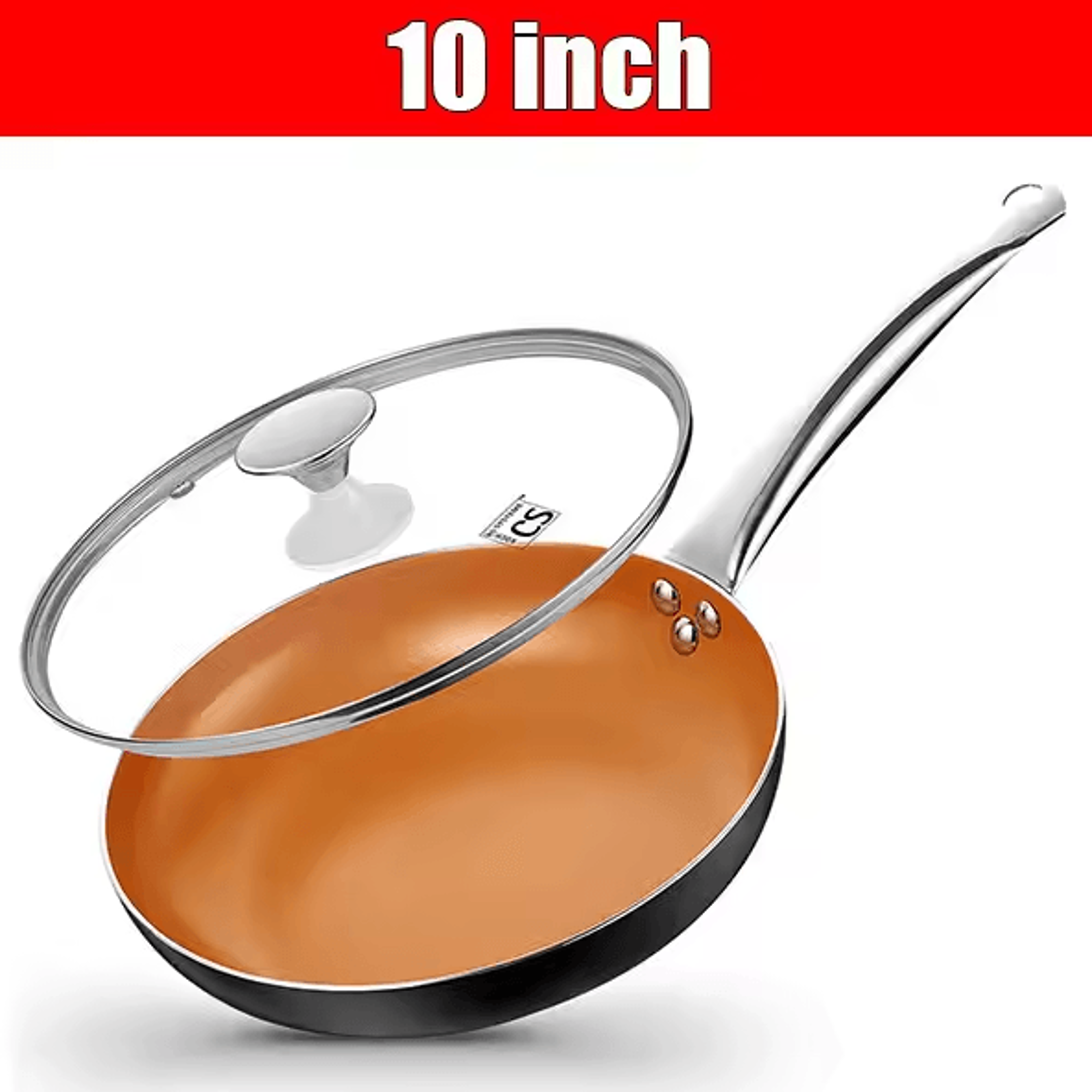 Copper Nonstick Frying Pan With Lid  Titanium Ceramic Interior Saute  Omelet Skillet 7
