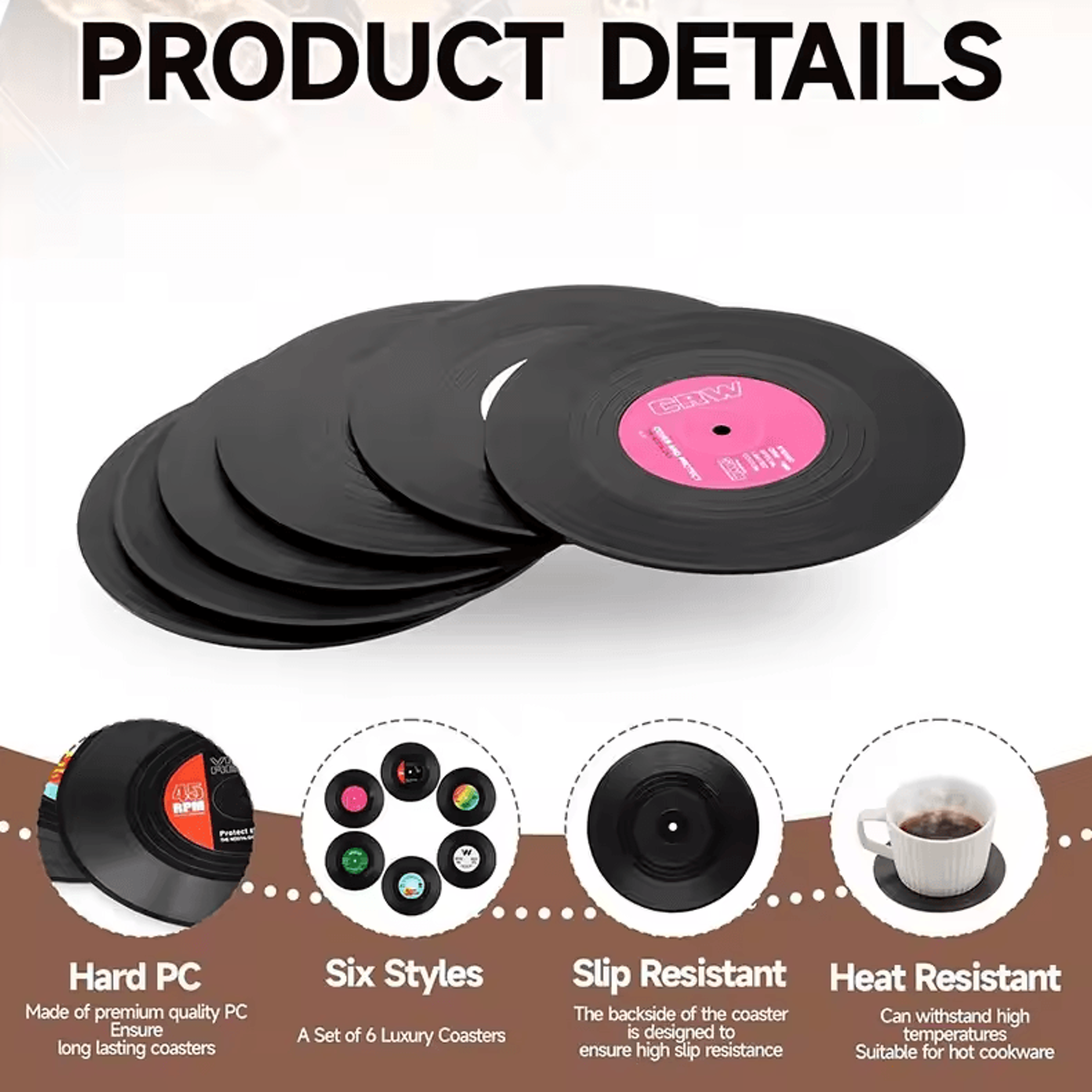 Retro Vinyl Record Drink Coasters  6 Pc NonSlip Set For Music Lovers 2